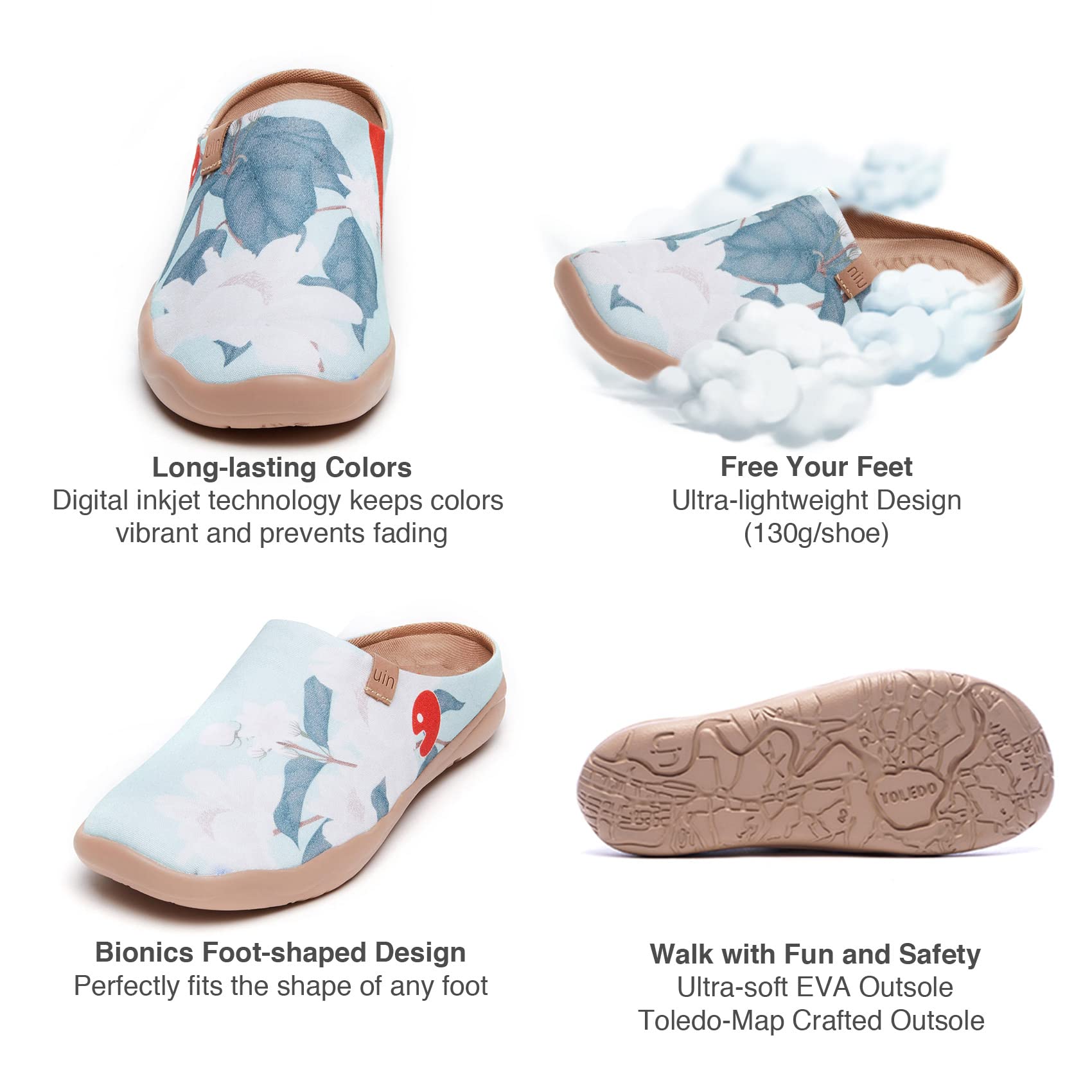 UIN Women's Slip On Mules - Comfortable Flat Lightweight Clogs with Wide Toe for Travel & Casual Wear | Art Painted Malaga Series | Perfect for Walking, Shopping & Beach Vacations