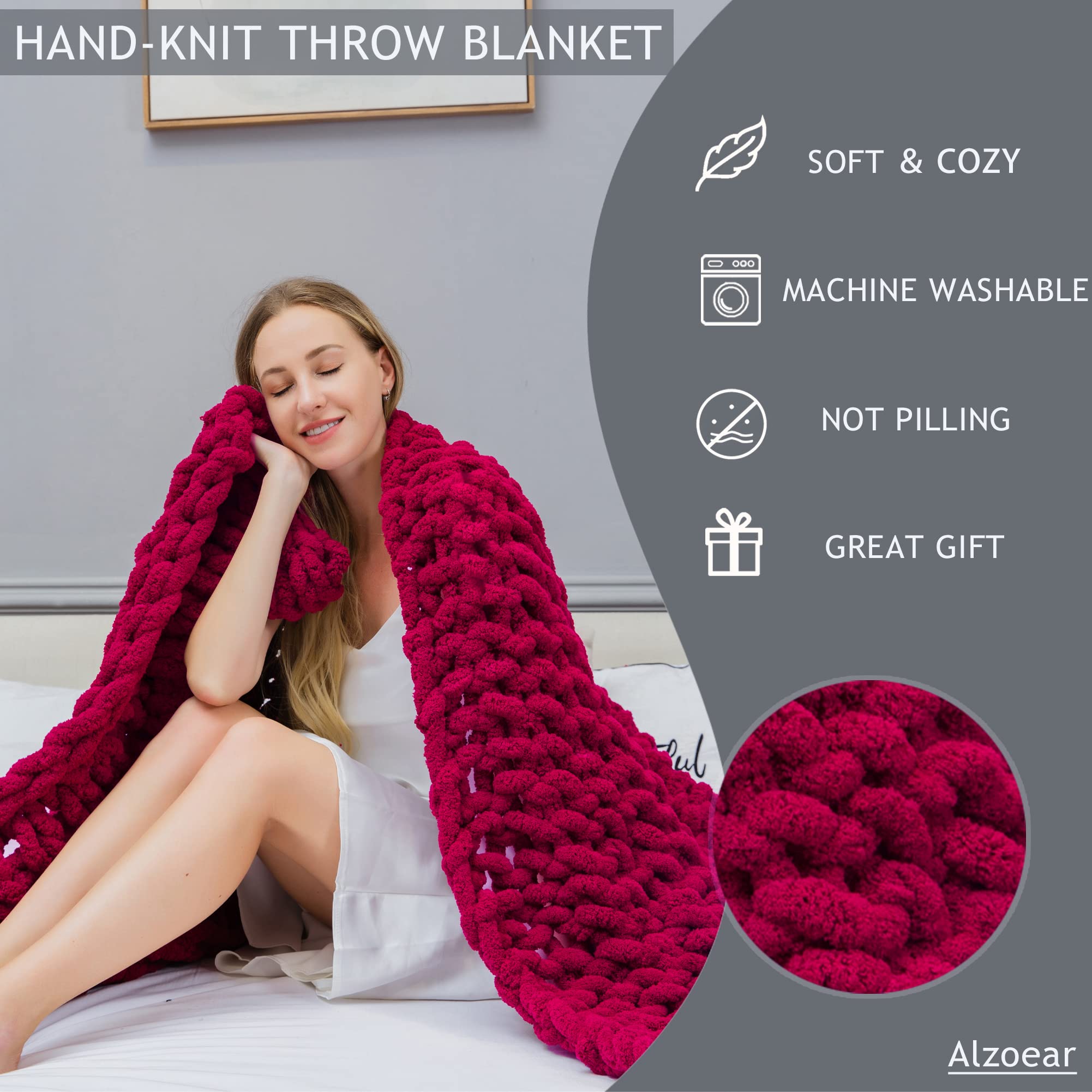 Alzoear Chunky Knit Throw Blanket - Chenille Handmade Cozy Warm Blanket for Sofa, Bed, Couch - Soft Luxury Home Decor for Living Room, Bedroom - Perfect for Winter Nights & Gift Giving (Burgundy, 60x80 Inches)