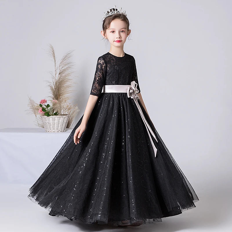 Sparkly Black Tulle Party Dress for Girls - Half Sleeve Elegant Formal Gown for Birthday, Pageant, and Special Occasions