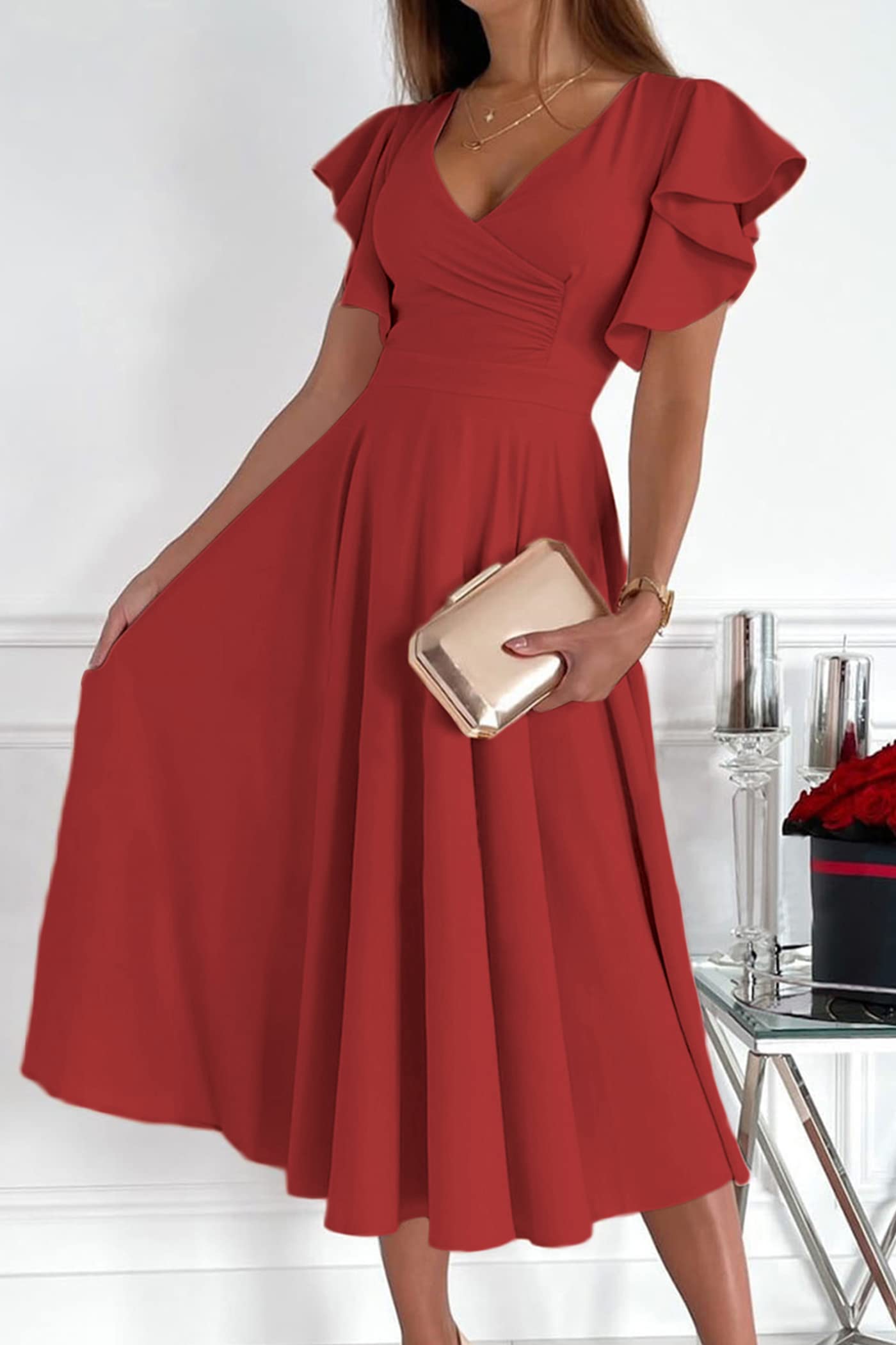 PRETTYGARDEN Women's Summer Midi Dress 2025 - Floral Print Ruffle Sleeve V-Neck A-Line Cocktail Dress for Wedding Guest, Party & Special Occasions | Perfect for Spring, Summer & Beach Vacations