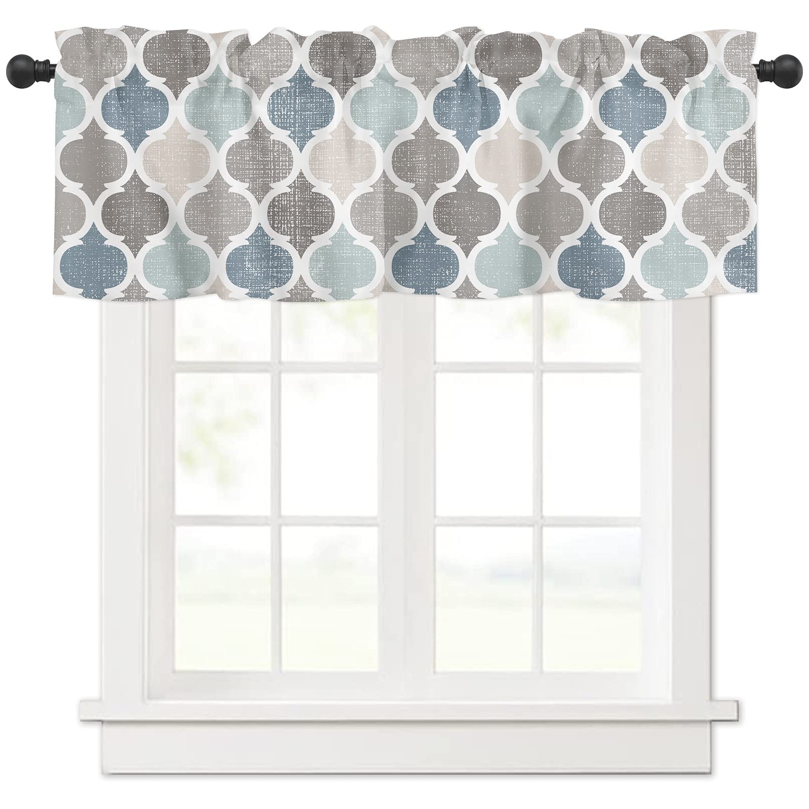 Moroccan Tile Kitchen Curtains - 1 Panel Valance with Rod Pocket, 54x18 Inch Insulated Blackout Drape for Small Windows & Bathrooms - Vintage Farmhouse Geometric Quatrefoil Design - Perfect for Kitchen Windows, Bathroom Decor & Cozy Farmhouse Style