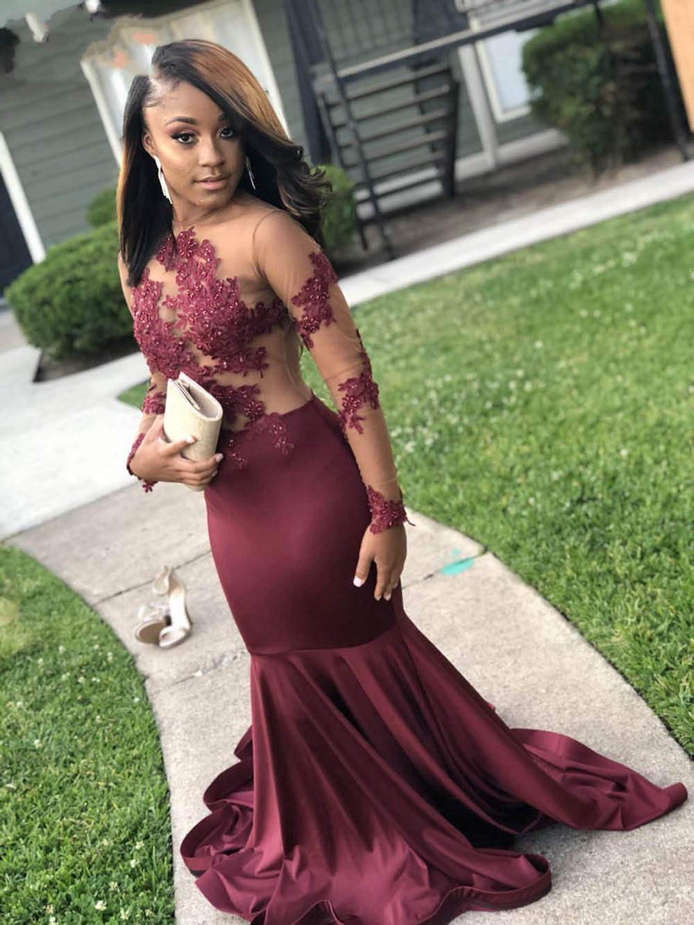 Elegant Women's Mermaid Lace Prom Dresses with Illusion Long Sleeves - Formal Evening Gown for Homecoming, Quinceañera, Wedding & Special Occasions