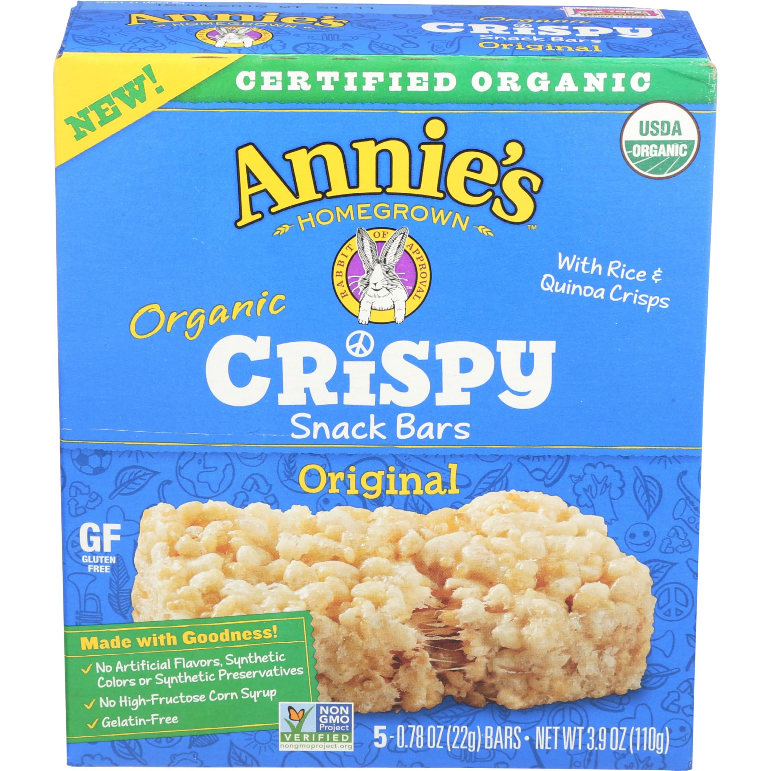 Annie's Organic Original Crispy Snack Bars - Gluten Free, Non-GMO, 3.9 oz (5 Count) - Healthy Kids Snacks for Lunch Box, School, Travel & On-The-Go