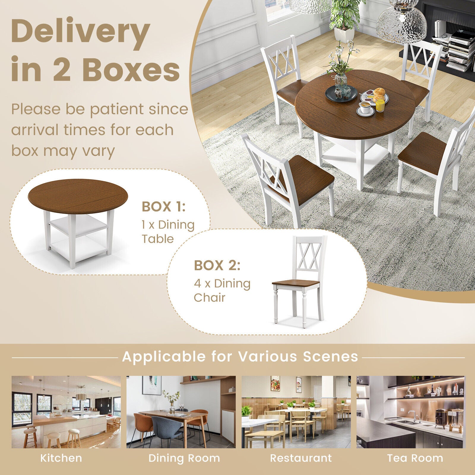 Costway 5-Piece Round Drop Leaf Dining Table Set with 4 Chairs - Space-Saving Kitchen & Breakfast Nook Furniture for Small Homes & Apartments