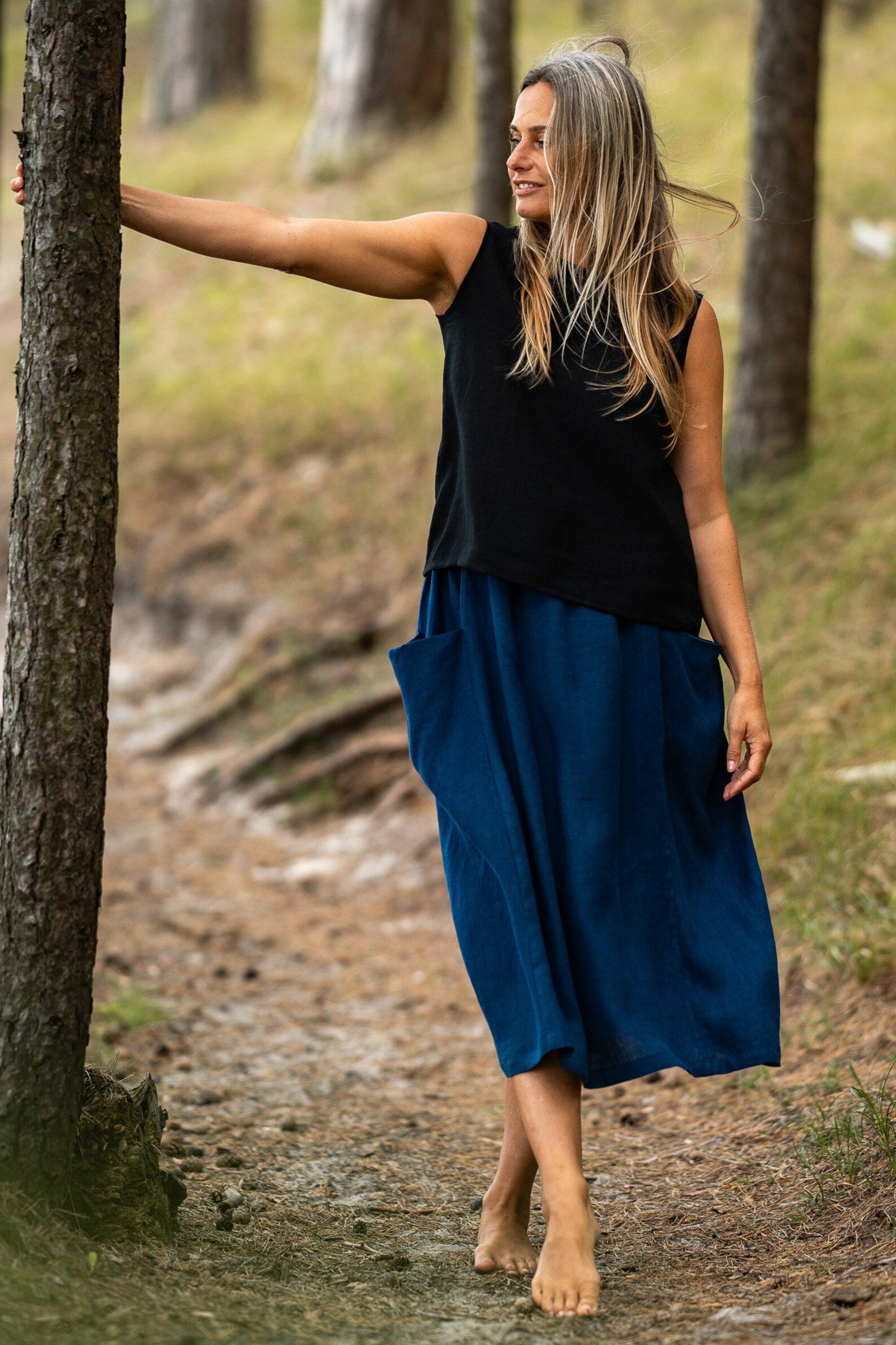 High Waist Deep Pockets MIDI Linen Skirt in Midnight Blue - Women's Summer Casual Skirt for Beach, Office & Date Night