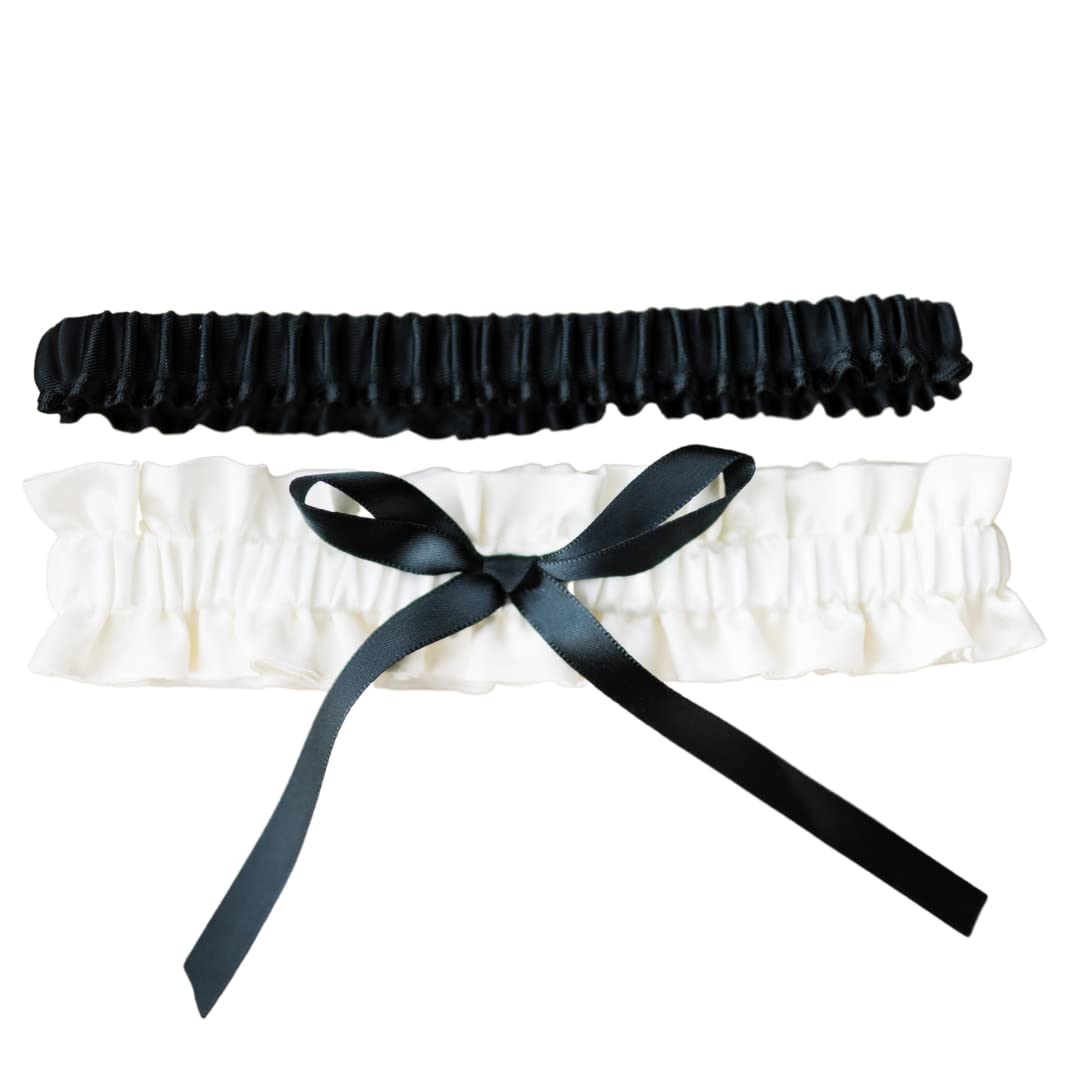 Ivory and Black Satin Bridal Garter Set - Elegant Wedding Garter Belt for Bride, Luxury Lace Garter with Bow, Perfect for Black Tie Weddings, Boudoir Photos & Something Blue Tradition