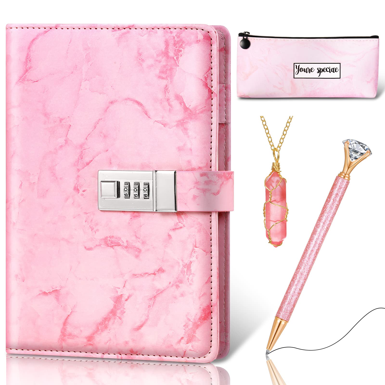Pink Marble Diary with Lock - A5 Lined Journal Notebook Set for Women | Includes Crystal Stone Notebook, Pencil Case & Glitter Pen | Perfect for Journaling, Note Taking & Gift Giving