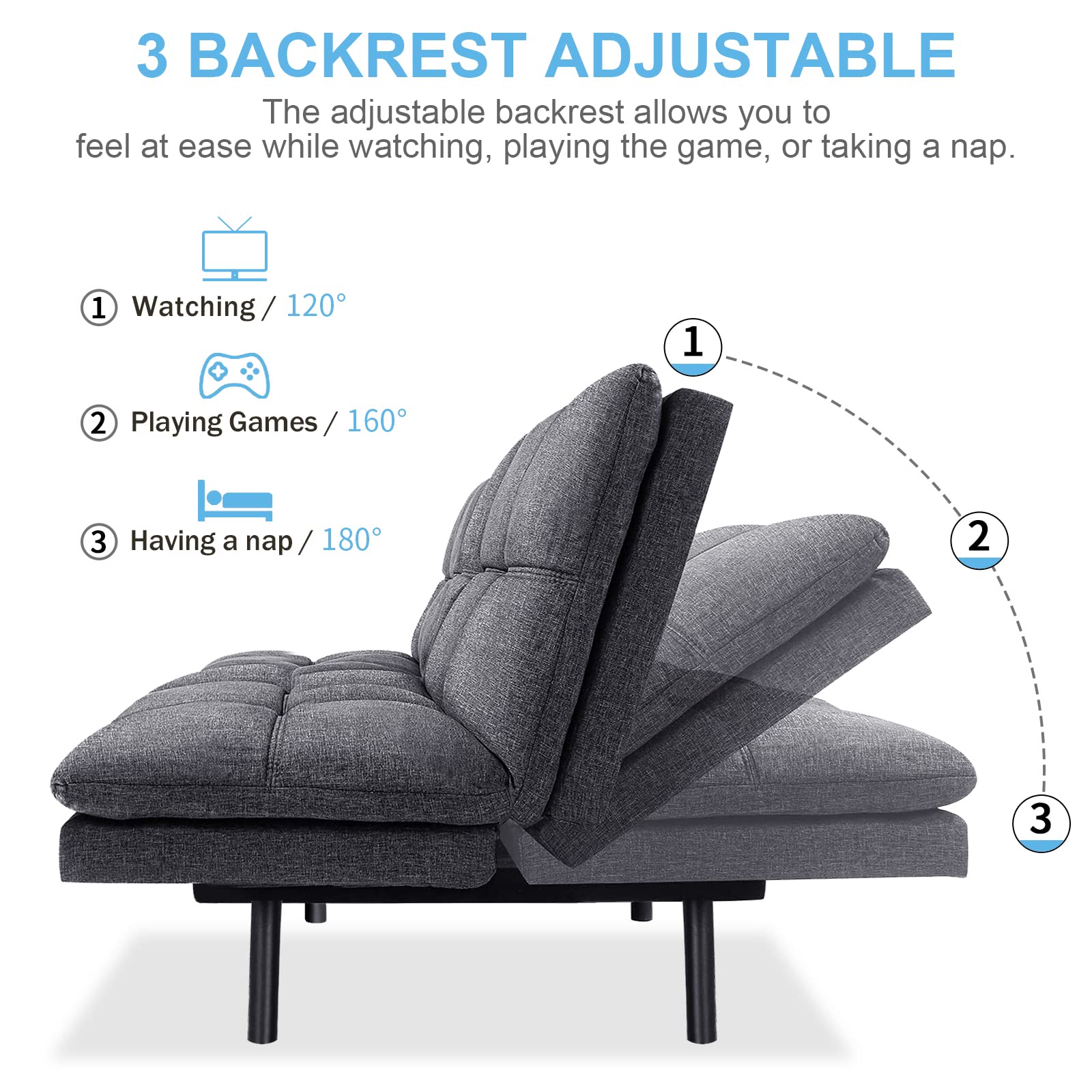 Opoiar Memory Foam Futon Bed - Modern Adjustable Armrest & Backrest Folding Love Seat Sofa for Small Spaces - Convertible Sofa Daybed with Linen Cover - Twin Size Sofa-01 - Perfect for Studio Apartments, Dorms & Guest Rooms