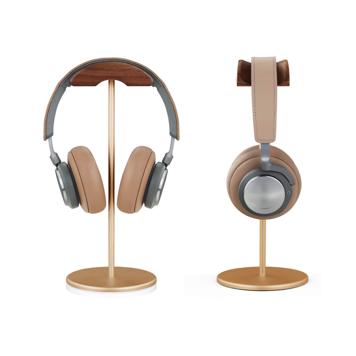 Premium Walnut Wood & Aluminum Headphone Stand - Sturdy Gaming Headset Holder with Heavy Base for All Headphone Sizes (Gold) | Perfect for Desk Organization & Gaming Setup Accessories