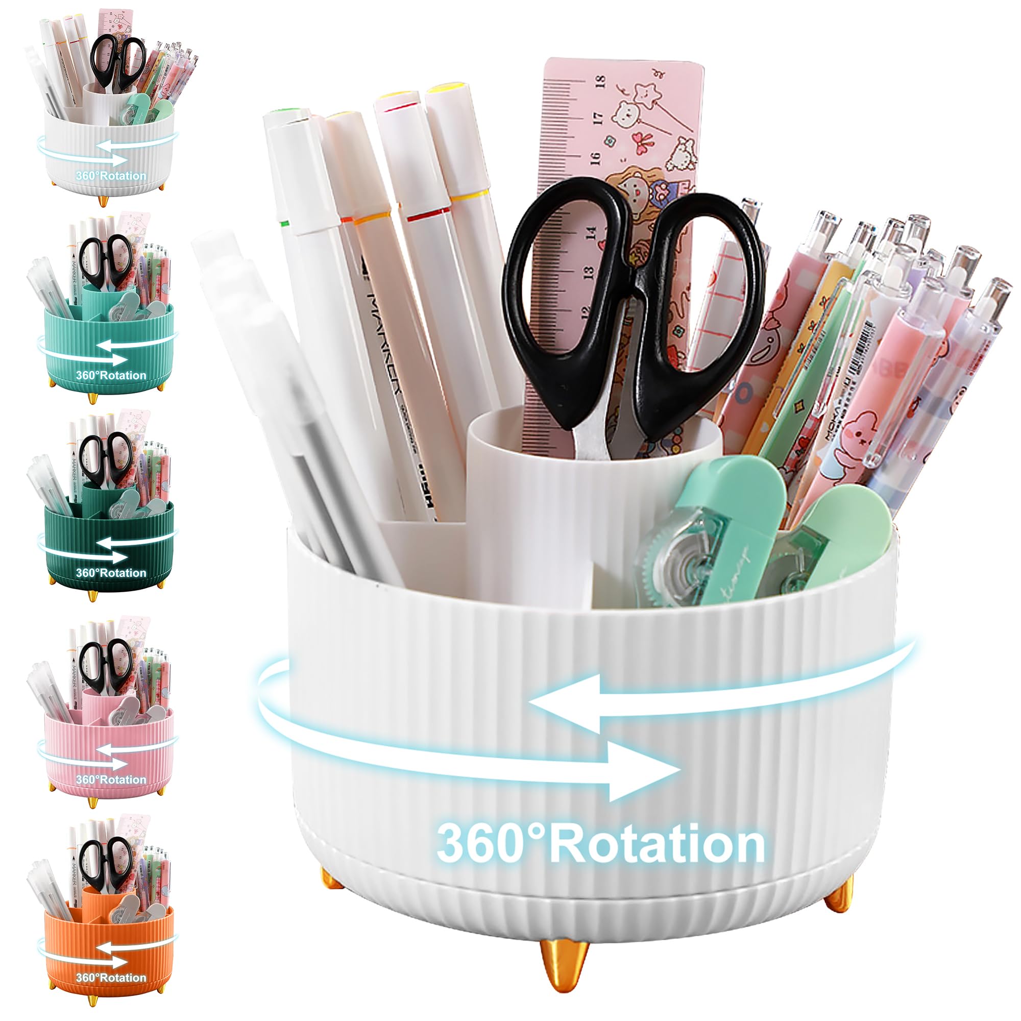 360° Rotating 5-Slot Pencil Holder for Desk - White | Office, School & Home Desk Organizer | Perfect for Pens, Markers, Scissors & Art Supplies | Compact Desktop Storage Solution for Stationery & Workspace Organization