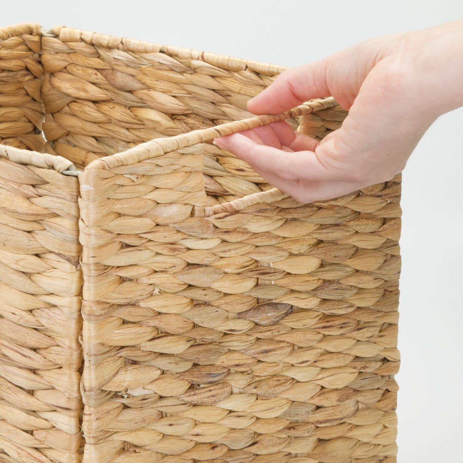 mDesign Natural Woven Hyacinth Cube Organizer Basket with Handles - 4 Pack Storage Bins for Bathroom, Laundry Room, Nursery & Cubby Units - Perfect for Organizing Blankets, Books & Home Essentials | Space-Saving Home Decor Solution