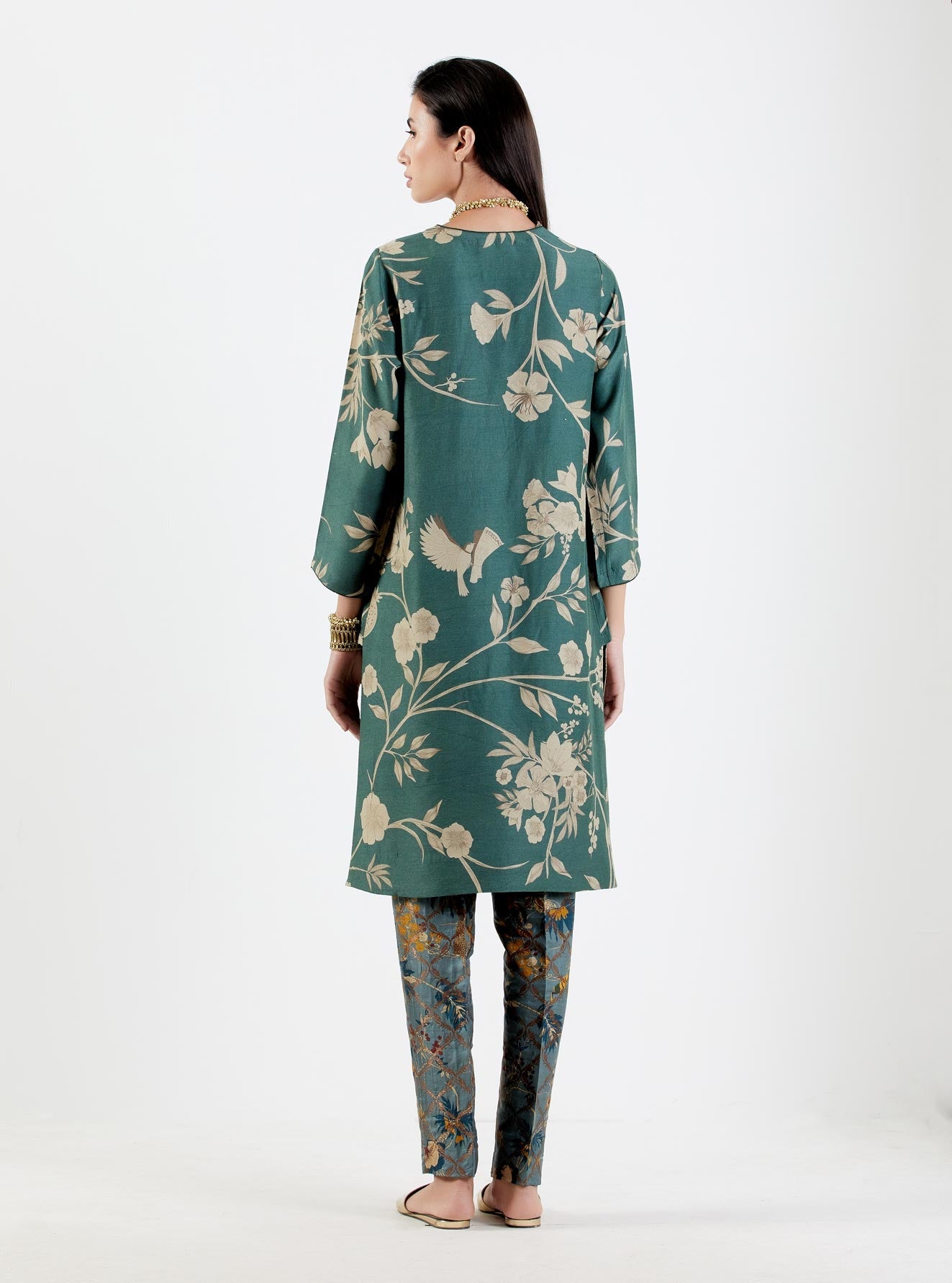 Elegant V Neck Kurta for Women - Premium Muga Satin Fabric with Forest Print - Perfect for Festivals, Parties & Casual Wear
