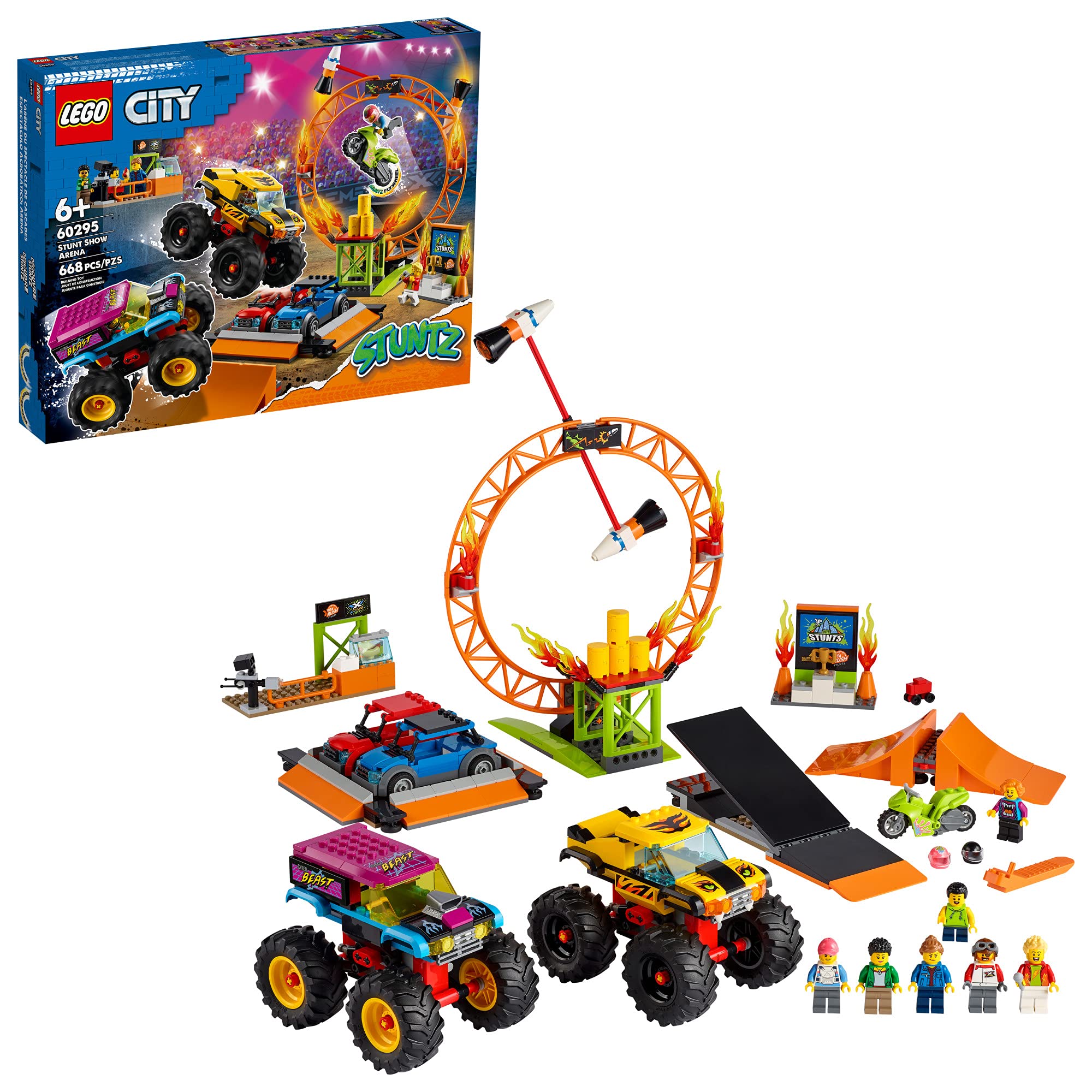 LEGO City Stunt Show Arena 60295 Building Toy Set with 2 Monster Trucks, 2 Collapsible Cars, Stunt Bike, Ramps & 6 Minifigures – Interactive Playset for Kids Ages 6+ | Perfect for Creative Play, Birthday Gifts & STEM Learning