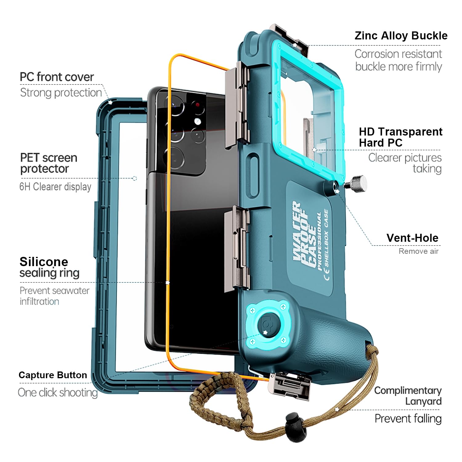 **Waterproof Phone Case for iPhone 15/14/13/12/11 Pro Max/XR/XS/X & Samsung Galaxy S24/S23/S22/S21 – Professional Snorkeling & Scuba Diving Underwater Housing – Capture Photos & Videos – Ideal for Beach, Pool & Water Sports (Teal-Blue)**