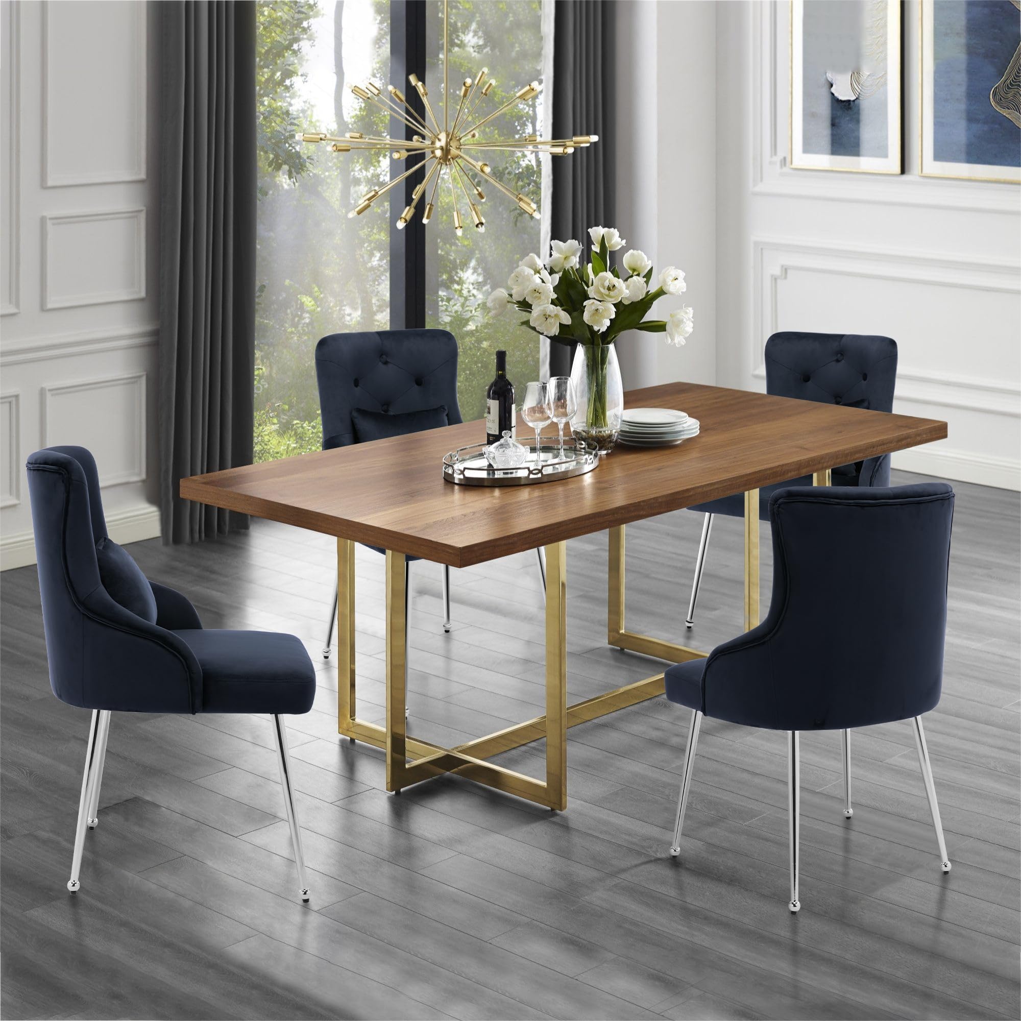 Luxury Velvet Dining Chair - Navy Blue Upholstered Vanity Chair with Tufted Back & Sturdy Metal Legs for Bedroom, Dining Room, or Dressing Area