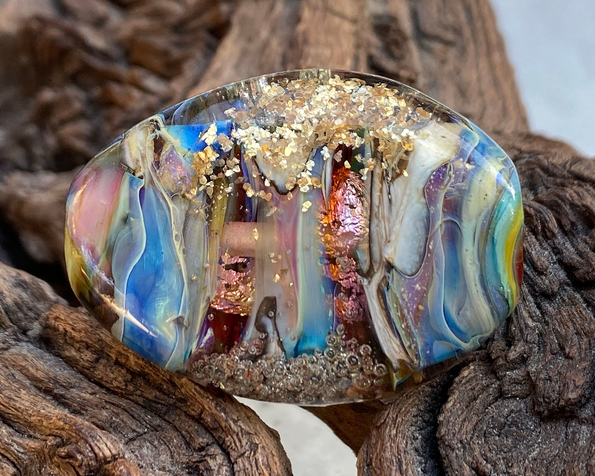 Blue Gold Mica Organic Lampwork Focal Bead SRA - Handmade Glass Bead for Jewelry Making, DIY Crafts, Bracelets & Necklaces - Perfect for Beaders and Artisan Creations