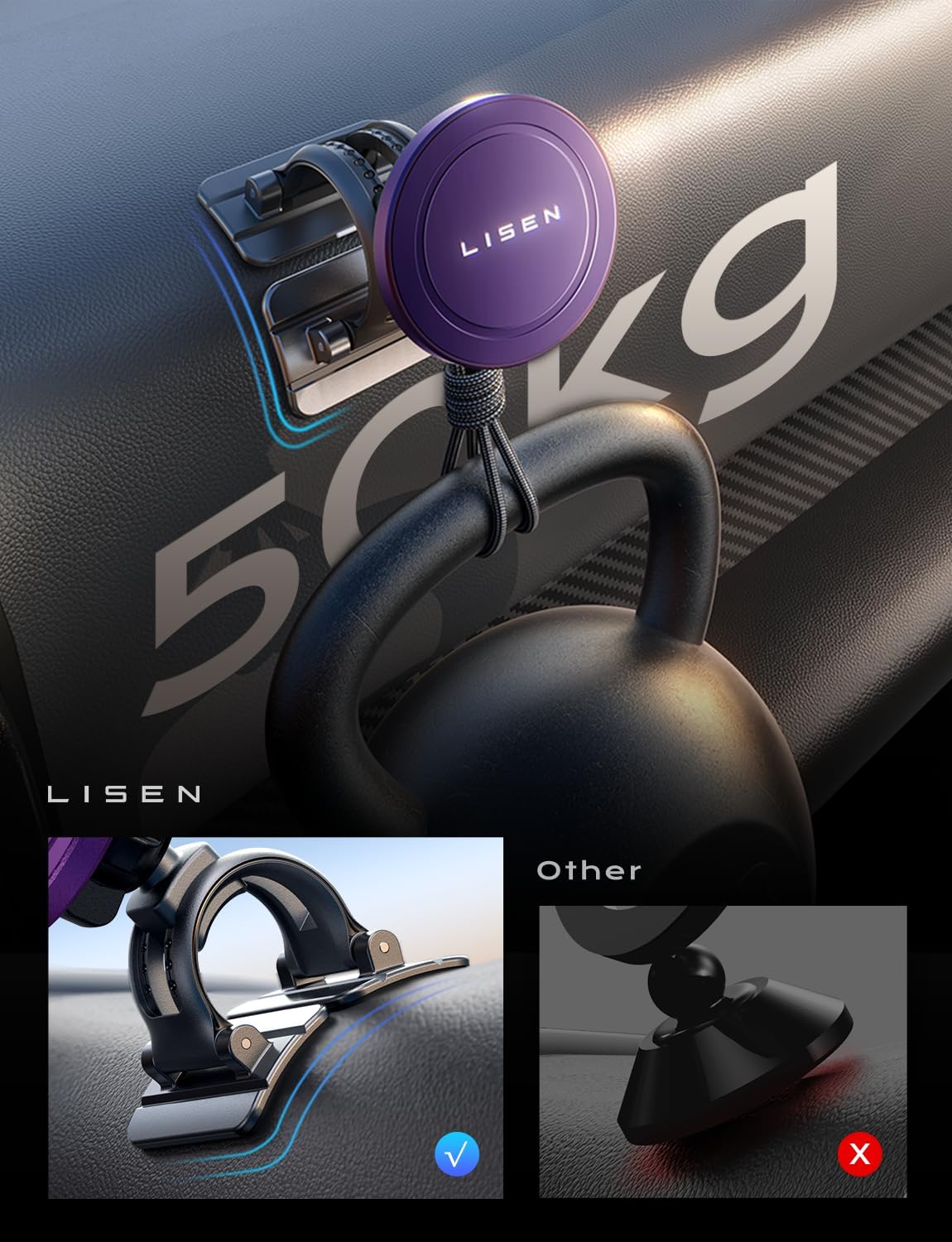 LISEN 15W MagSafe Car Mount Charger - Universal Magnetic Wireless Car Charger for iPhone 16 Pro Max/16/15/14/13/12 - Fast Charging Phone Holder with Strong Magnet - Perfect for Driving & Road Trips (Purple)