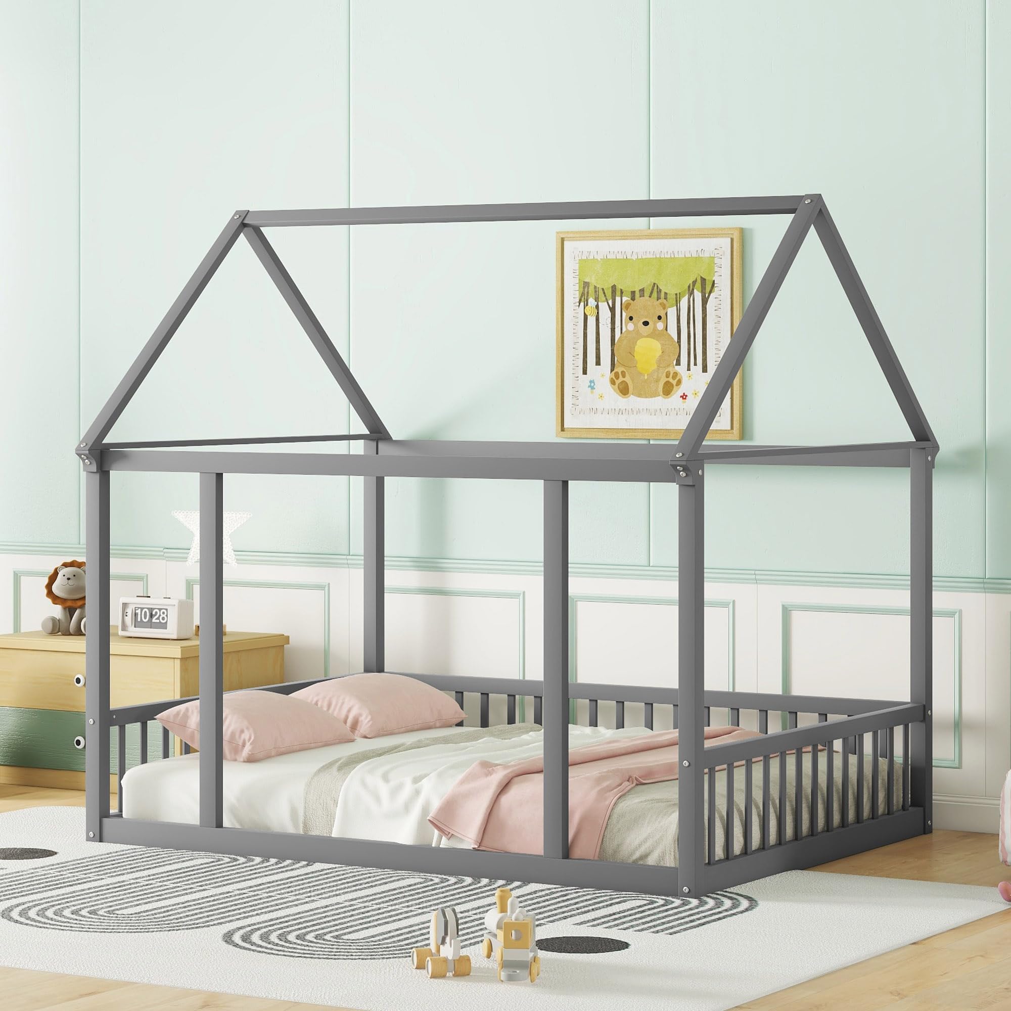 Bellemave Full Size Wooden Floor Bed for Kids - Montessori House Bed Frame with Safety Fence, Playhouse Design for Boys & Girls (Gray) - Perfect for Bedrooms, Playrooms & Montessori Learning Spaces