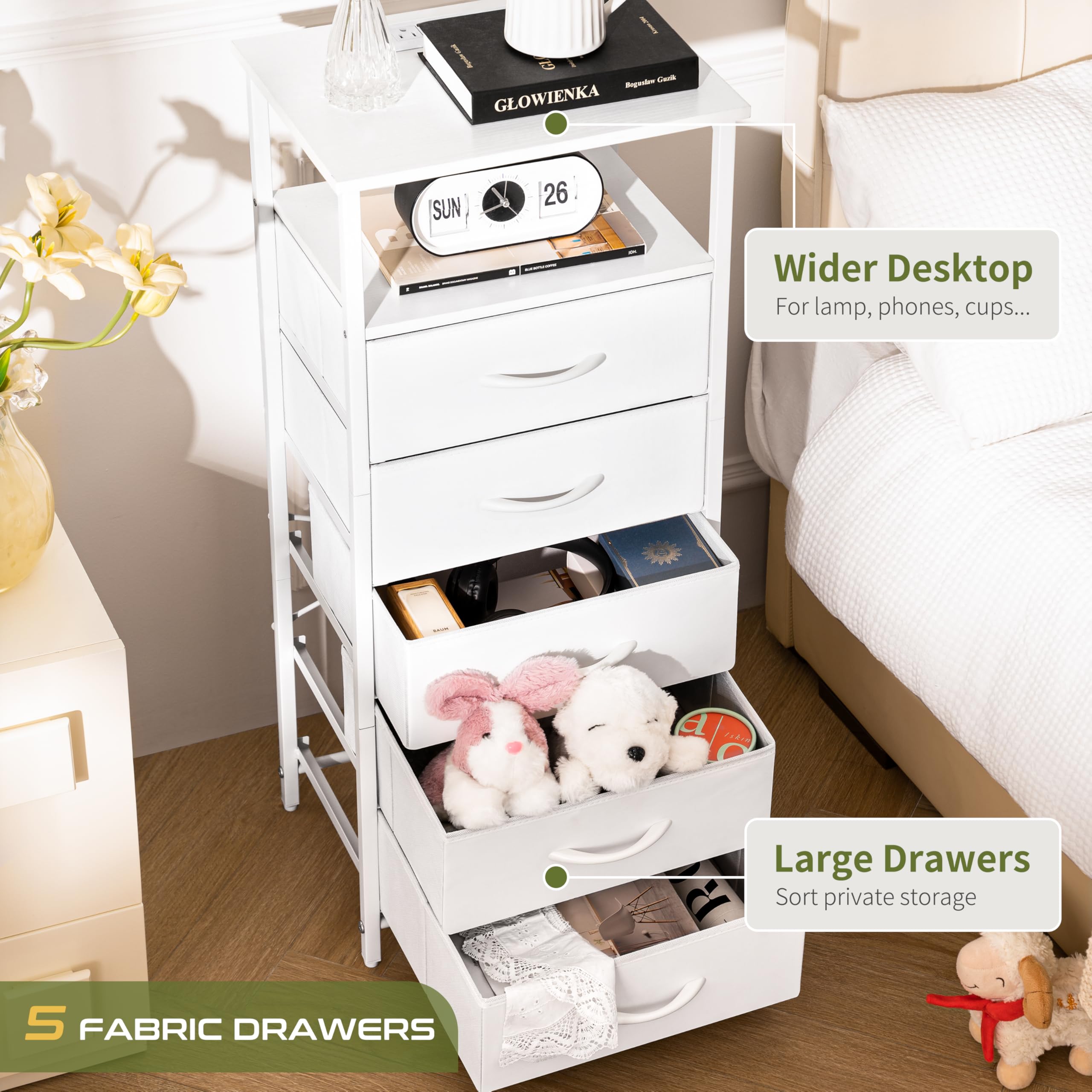 Yoobure 5-Drawer Fabric Dresser with Charging Station & LED Light - Tall Bedroom Nightstand, Vertical Storage Chest for Closet, Dorm, Living Room - Perfect Bedside Table for Organizing Clothes, Books & Electronics