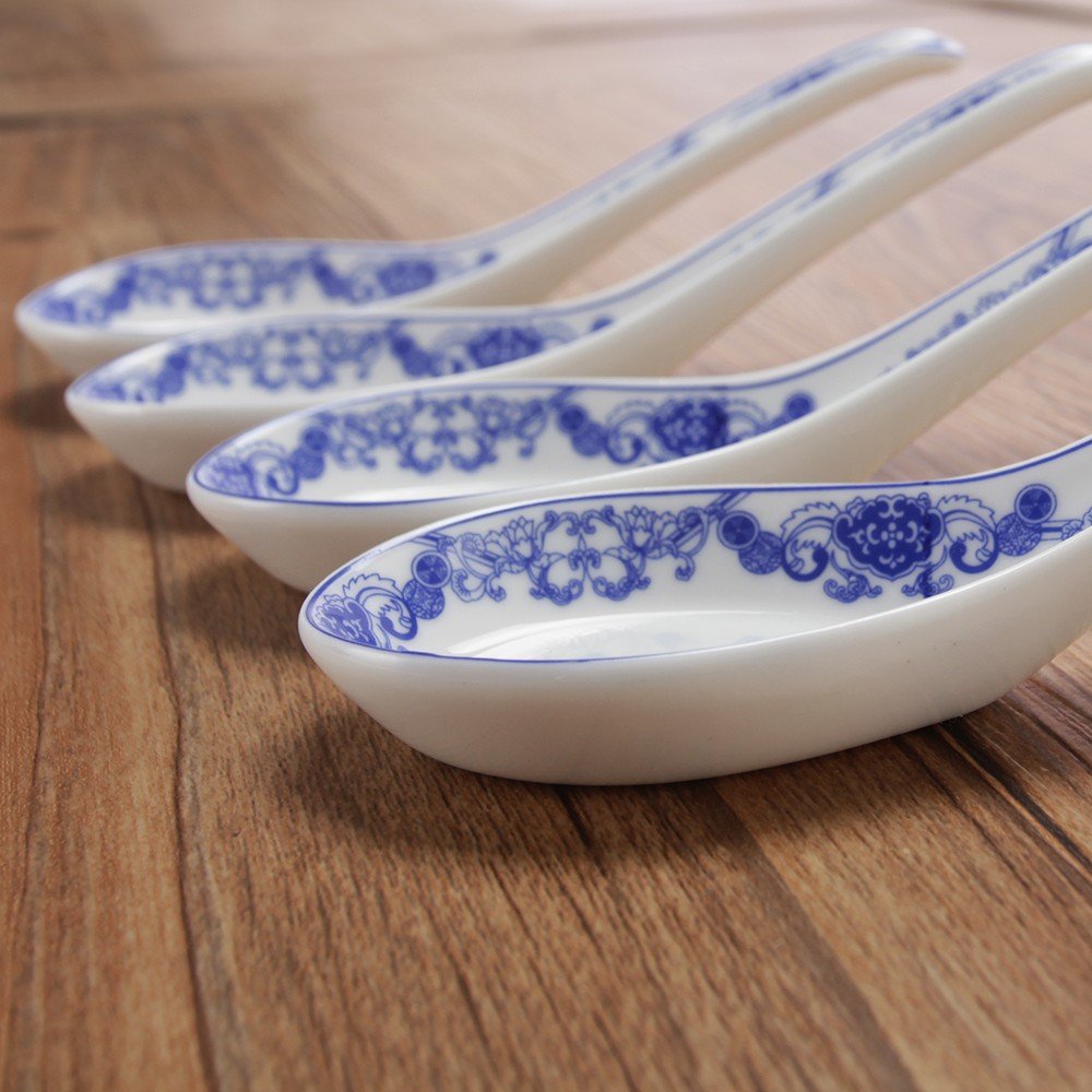 Porlien 4-Piece Blue Floral Porcelain Chinese Knot Soup Spoon Set - 5 Inch Elegant Asian Dining Utensils for Soup, Dessert & Tea Ceremonies