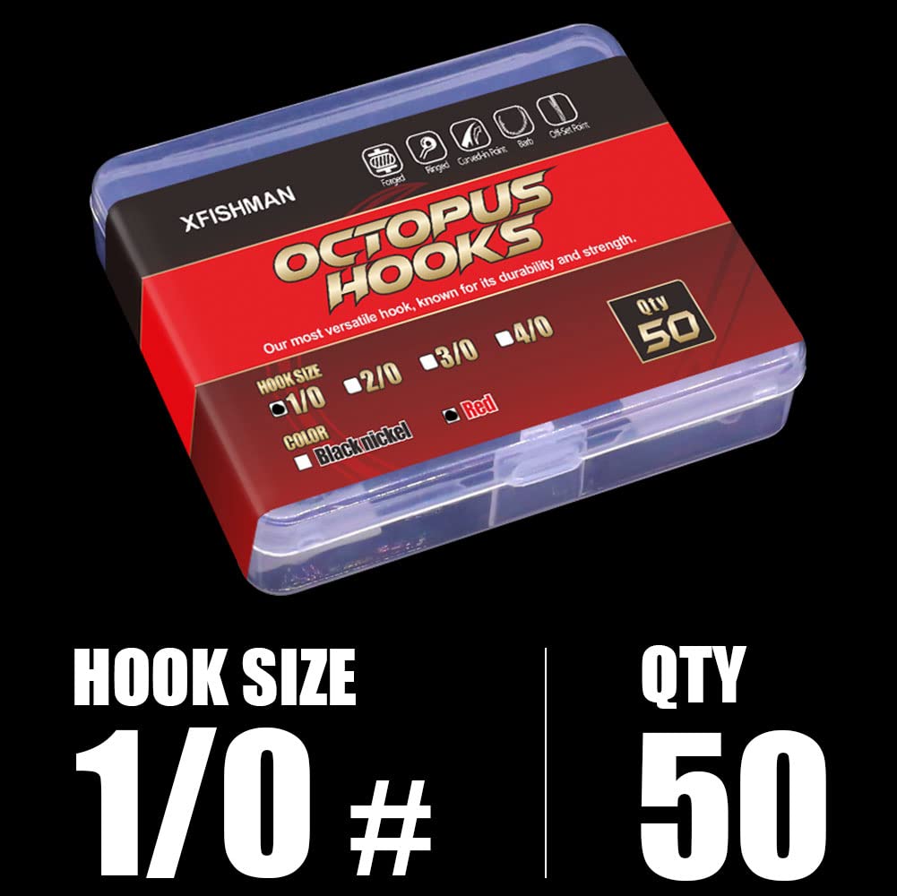 Octopus Fishing Hooks - 50/100 Pack Circle Beak Hooks for Freshwater Fishing (Red & Black) - Ideal for Bass, Trout, and Catfish Angling