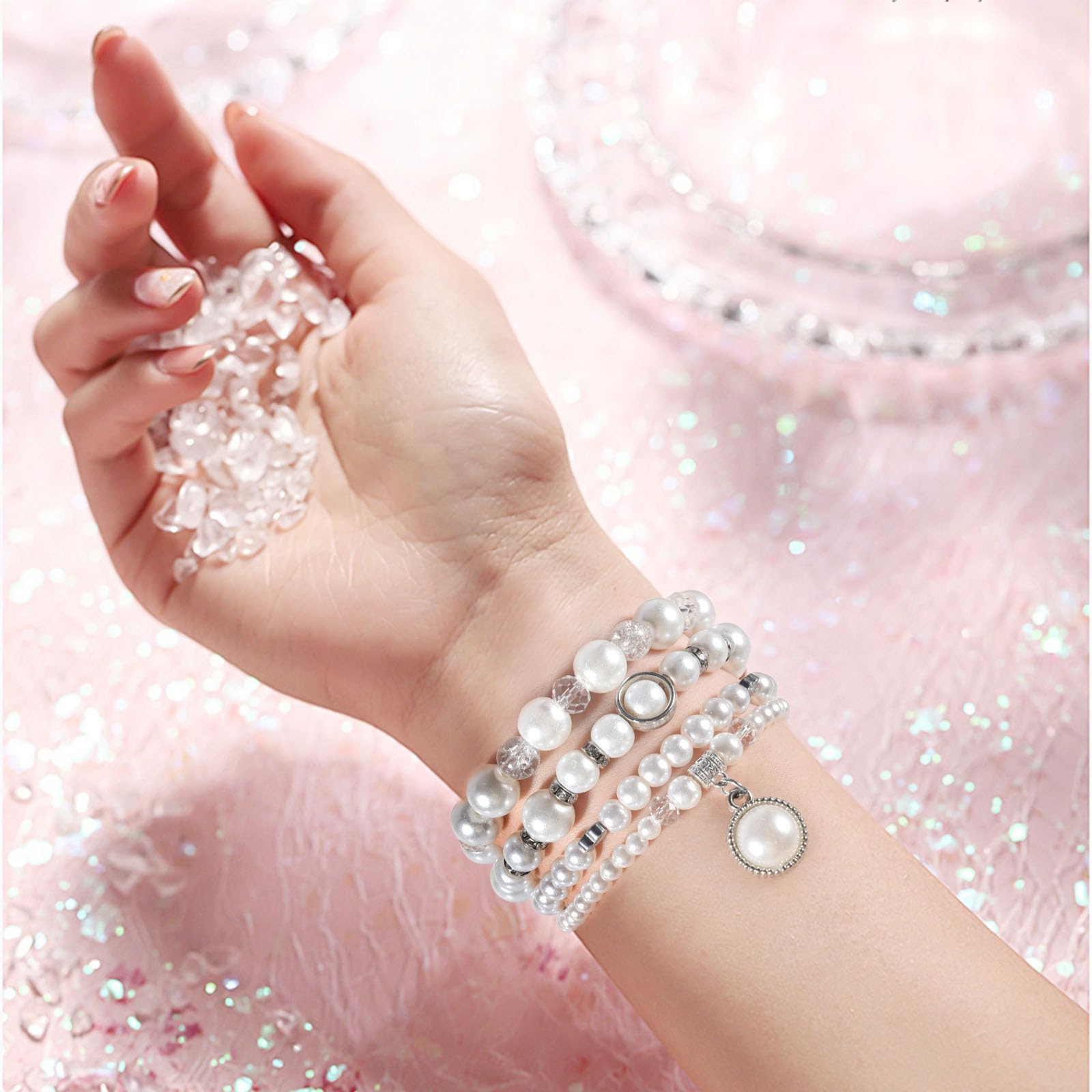V-MORO Stretchy Pearl Bracelet Band for Apple Watch 38mm 40mm 41mm 42mm 44mm 45mm - Rose Gold Fashion Jewelry Strap Compatible with iWatch Series SE/1/2/3/4/5/6/7/8/9 - Elegant & Cute Accessory for Women, Perfect for Parties, Weddings & Daily Wear