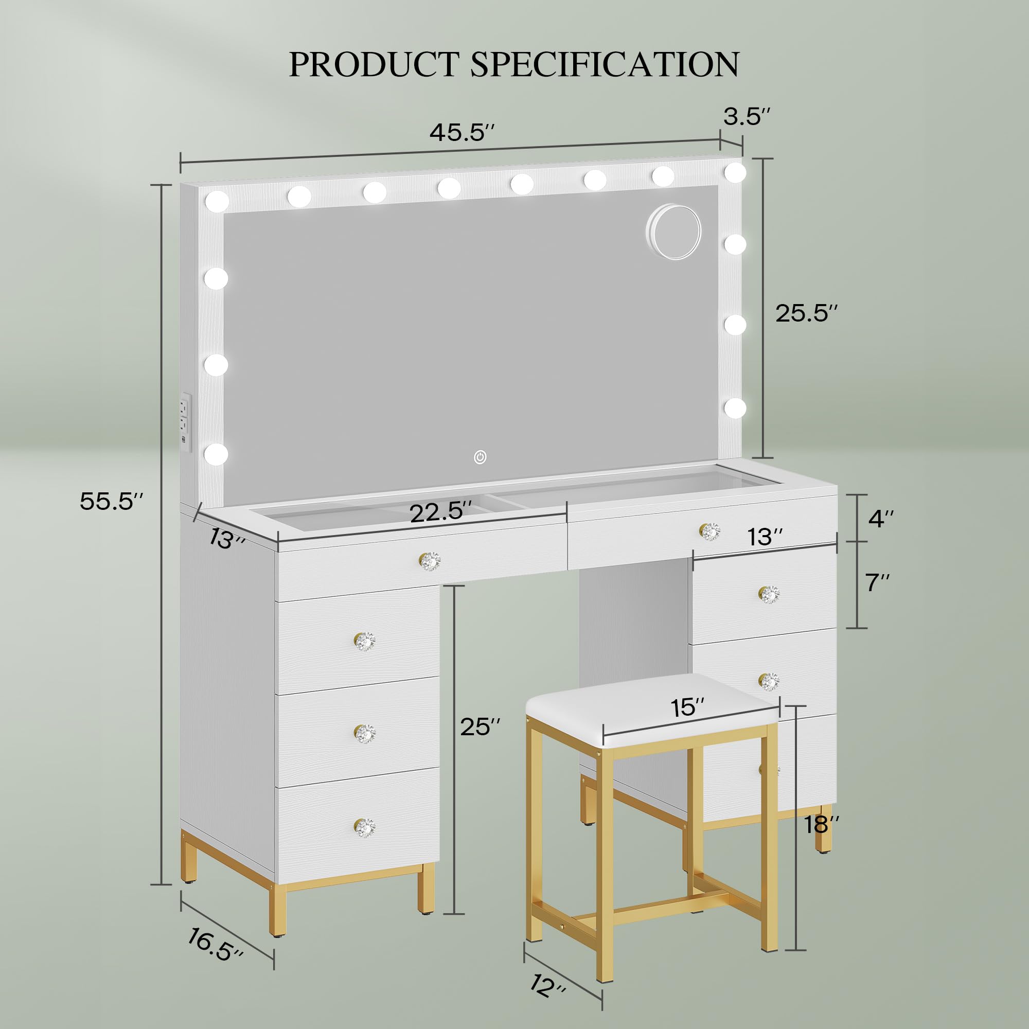DWVO Vanity Desk with Mirror and Lights - Large Makeup Table with 8 Drawers, Power Outlet & Dimmable 3-Color LED Lighting - White Vanity Set for Bedroom, Dressing Room & Home Salon - Perfect for Makeup Application, Skincare Routine and Beauty Organization
