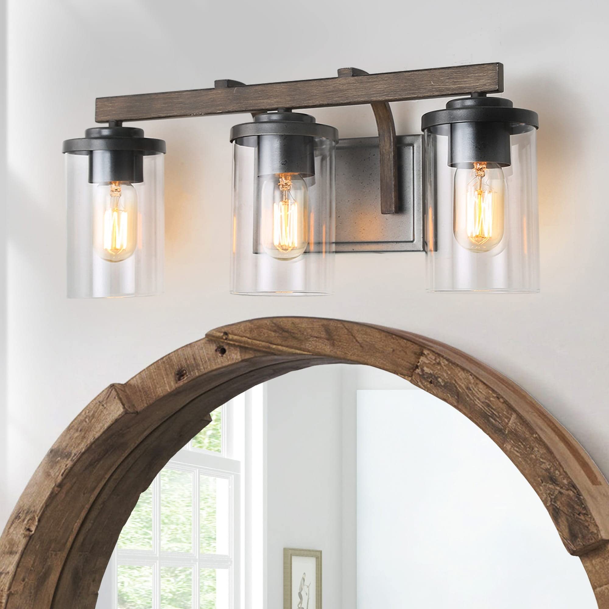 Modern Farmhouse Cylinder Glass Bathroom Vanity Lights - 3-Light Linear Wall Sconce in Brown (20