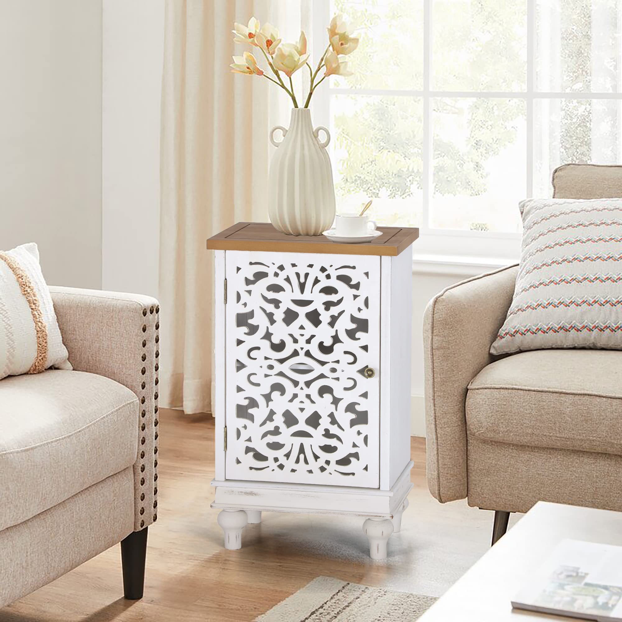 PHI VILLA Small Accent Storage Cabinet with Single Door - White Decorative Nightstand for Living Room & Bedroom, End Side Table with Storage | Perfect for Organizing Books, Blankets & Bedroom Essentials