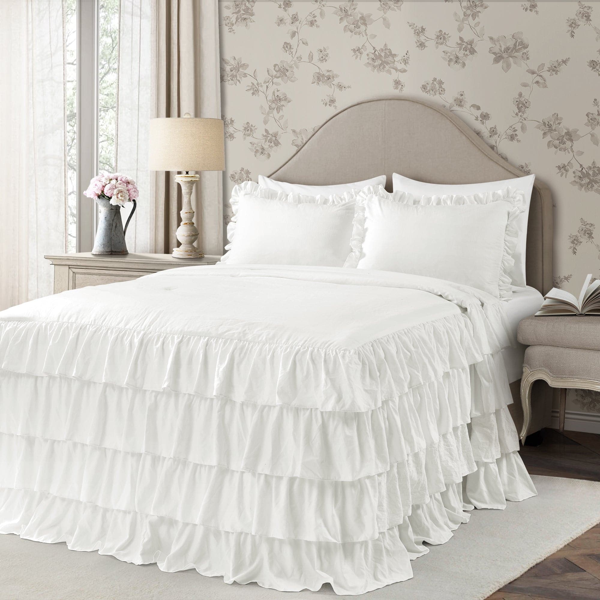 Allison Ruffle Skirt Bedspread Set - Elegant Floral Printed Queen Size Bedding with Ruffled Skirt | Perfect for Master Bedroom, Guest Room & Vacation Home Decor