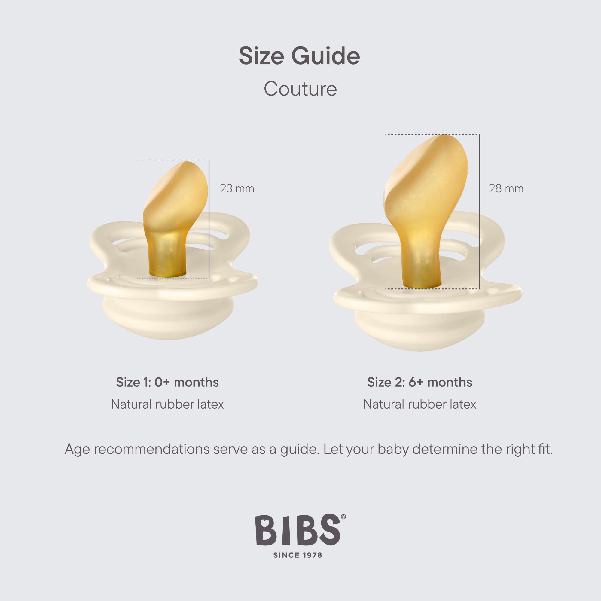 BIBS Couture Baby Pacifier 2-Pack - BPA Free Natural Rubber Latex Soother for Infants 6-18 Months | Made in Denmark | Anatomical Nipple, Vanilla & Peach Colors | Perfect for Daycare, Travel & Comforting Fussy Babies