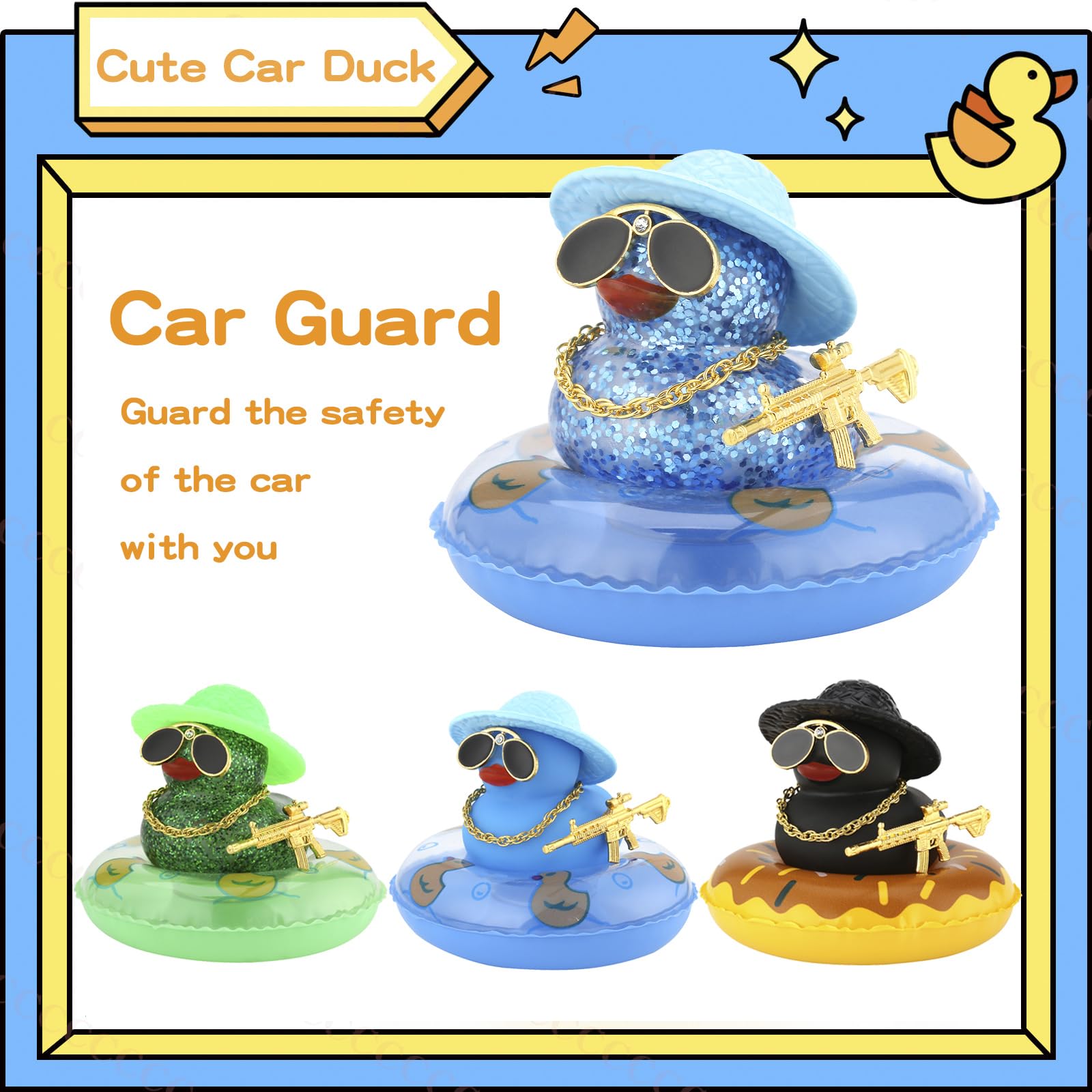 Funny Rubber Duck Car Dashboard Decor - Cute Duck with Swimming Ring, Necklace & Sunglasses - Car Accessories for Party Favors & Gifts - Perfect for Dashboard Decoration, Office Desk Toys, and Themed Party Supplies