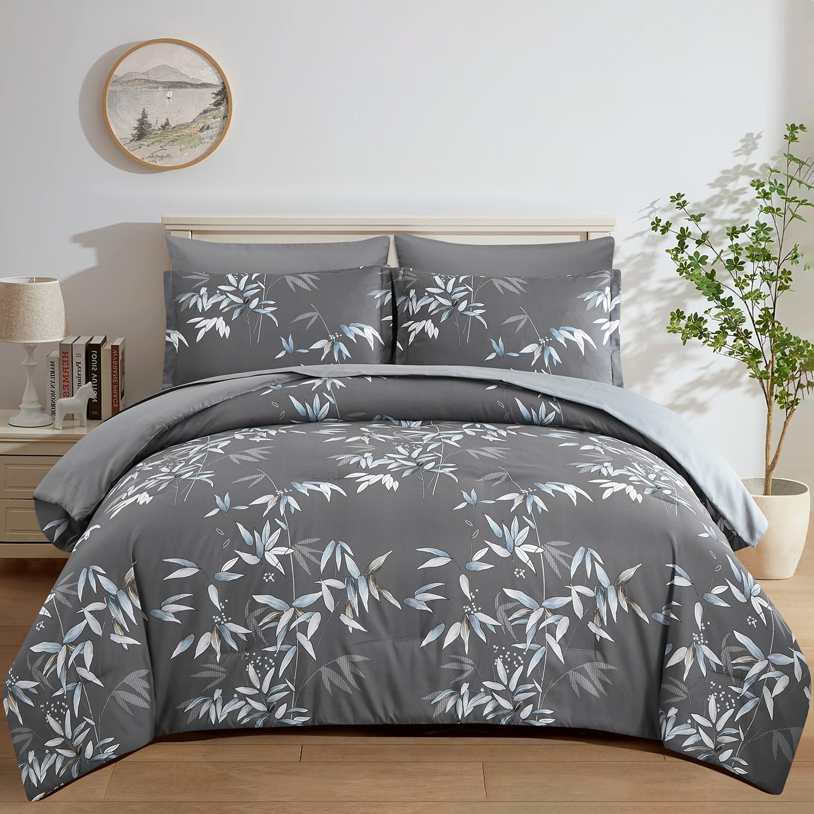 Queen Size Comforter Set - 7 Piece Bed in a Bag with Soft Lightweight Microfiber Grey Comforter, Sheets & Pillows | Ultra-Cozy Bedding for Master Bedroom, Guest Room & Dorm (Grey, Queen)