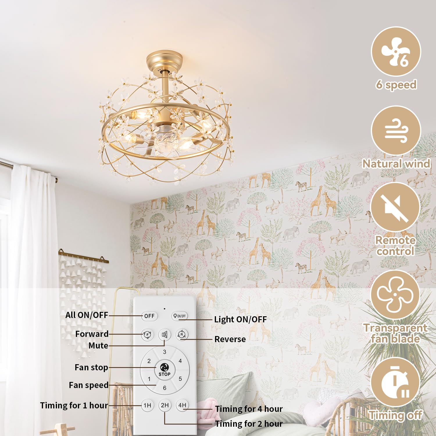 20 Inch Gold Caged Ceiling Fan with Light and Remote Control - Modern Crystal Flower Chandelier Fan with 6 Speed Settings - Perfect for Girls Bedroom, Living Room, Nursery and Home Decor