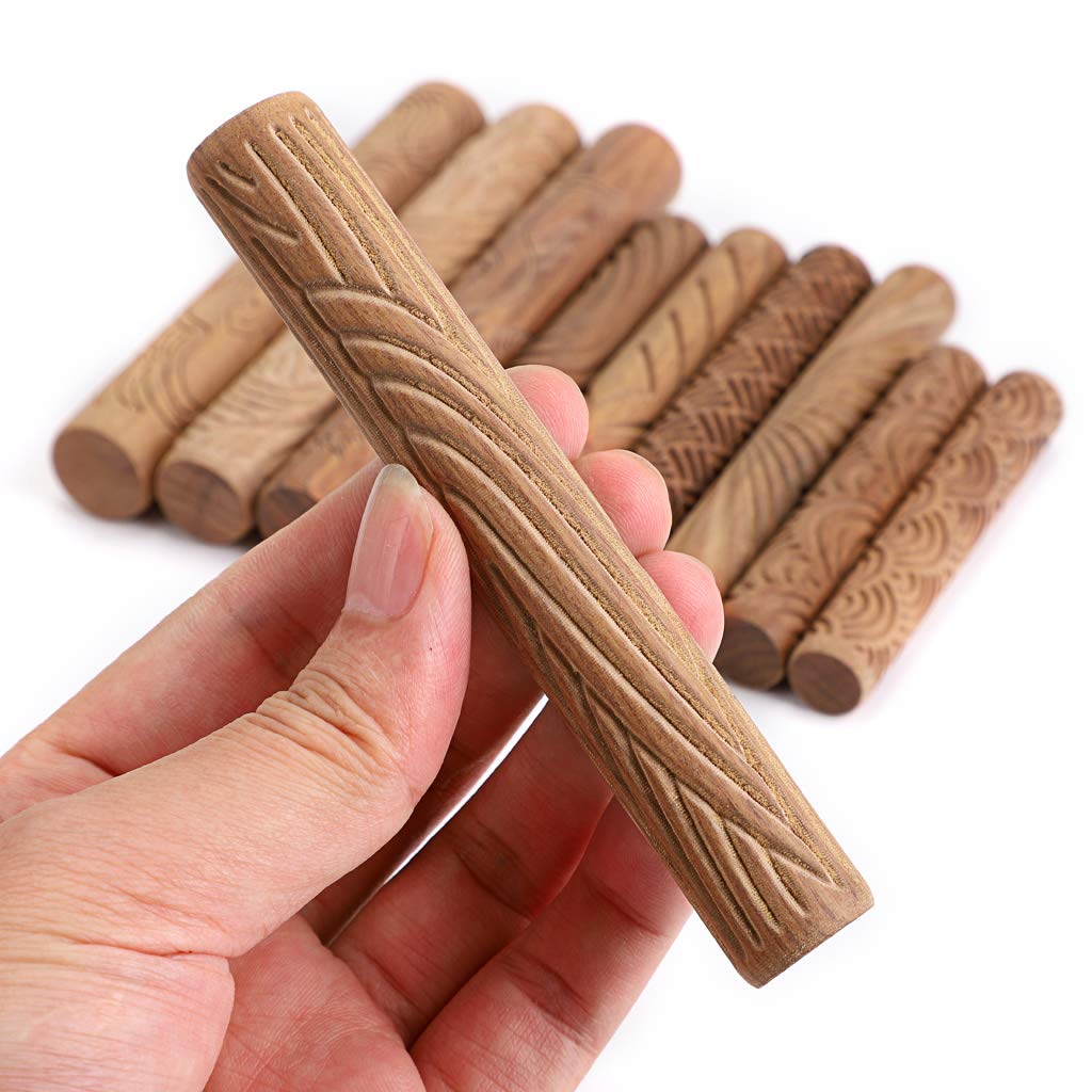 OwnMy 10-Piece Clay Modeling Pattern Rollers Kit - Dragon, Phoenix, Clouds, 3D Geometric Cookie Cutters with Wooden Handles for Pottery, Ceramics & DIY Crafts | Perfect for Cake Decorating, Polymer Clay Art & Home Decor Projects