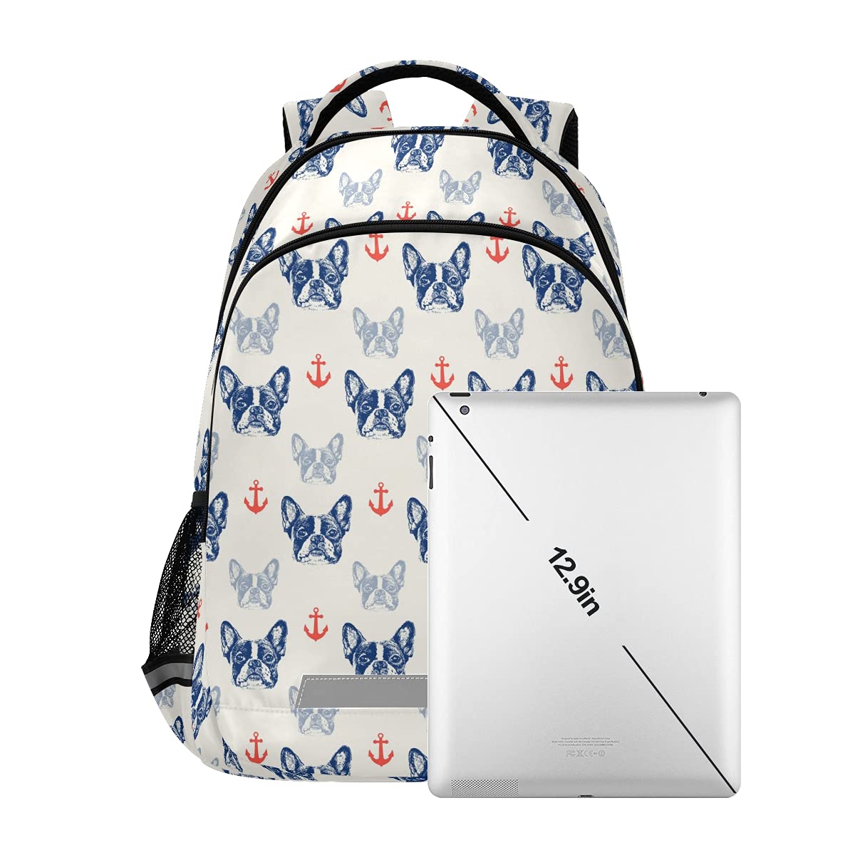 Stylish French Bulldog & Anchor Print Laptop Backpack with Chest Strap - Durable School, Travel & Hiking Backpack for Boys & Girls - Perfect for College, Commuting & Outdoor Adventures
