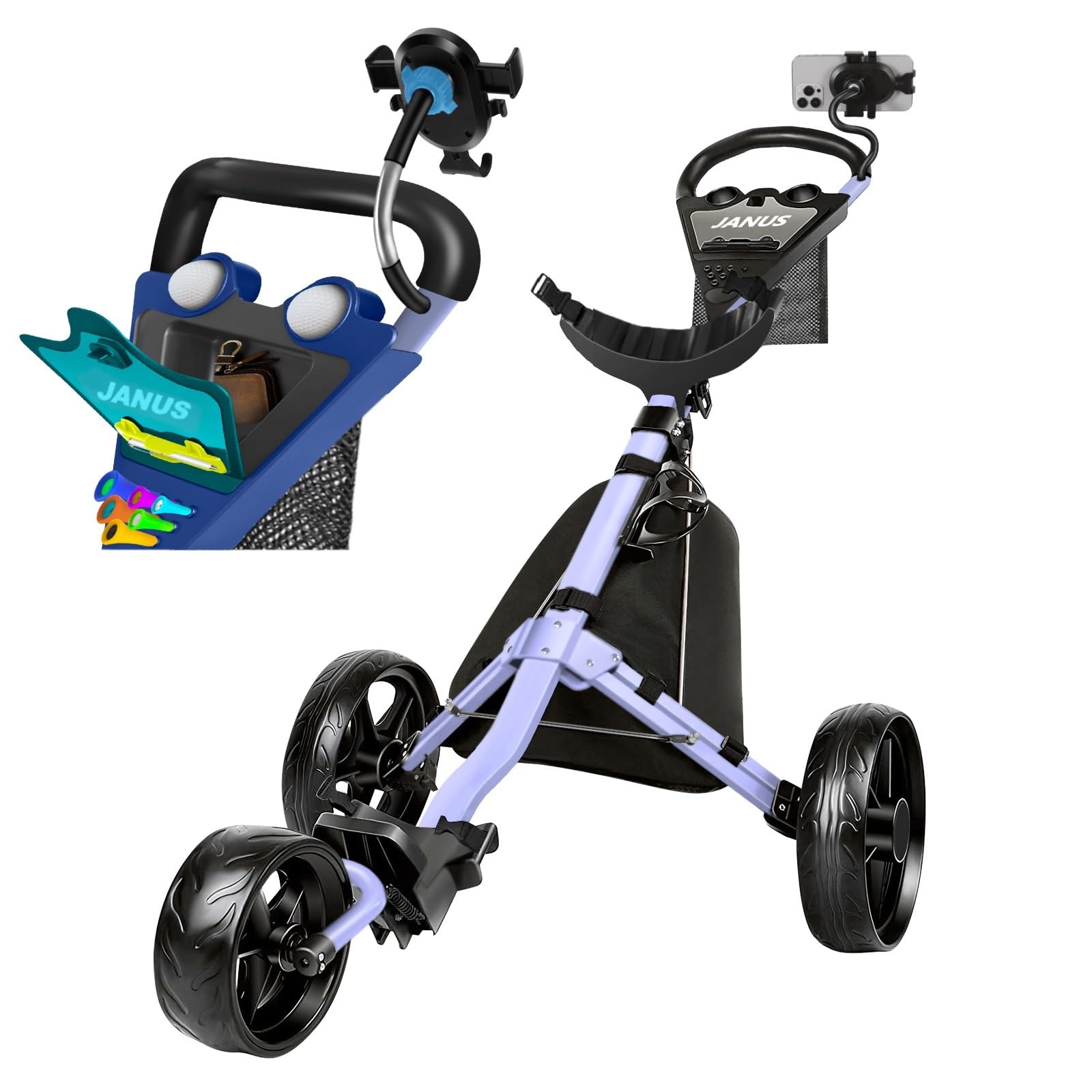 JANUS 3-Wheel Foldable Golf Push Cart with Gooseneck Phone Holder - Lightweight Golf Bag Pull Cart for Easy Transport | Perfect for Golf Courses, Driving Ranges & Outdoor Practice