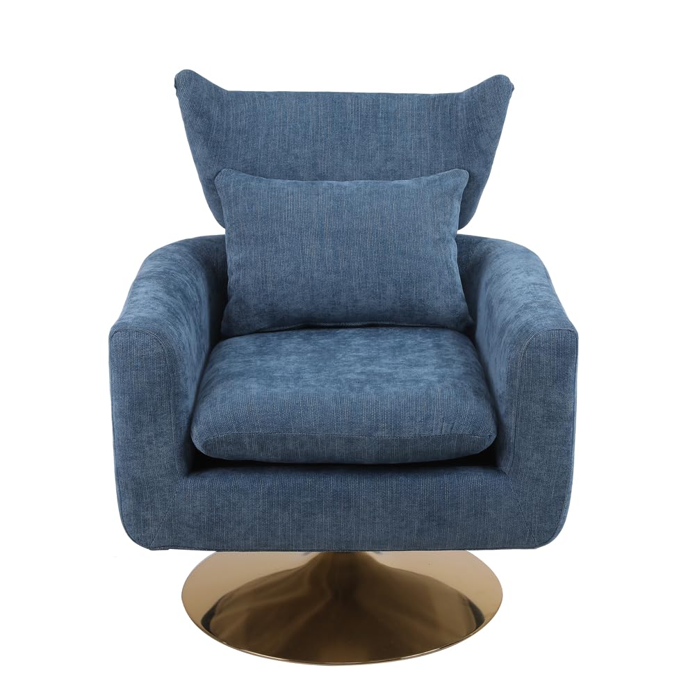 Modern Swivel Accent Chair with Pillow & Cushion - Ergonomic Linen Lounge Chair with Headrest & Curved Armrests - Comfortable Living Room & Bedroom Seating for Relaxing, Reading & Entertaining (Blue)