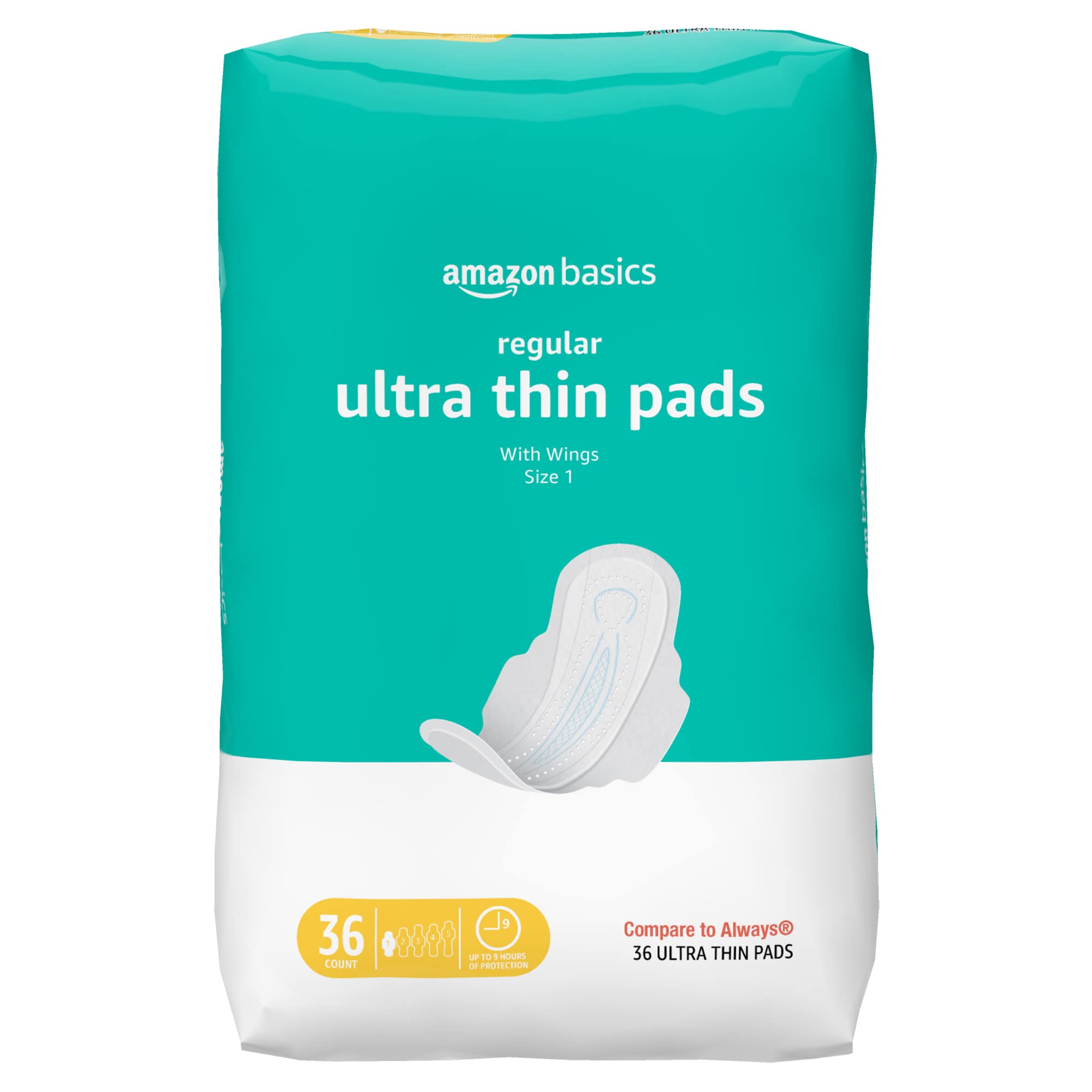 Amazon Basics Ultra Thin Regular Absorbency Pads for Women with Flexi-Wings - Unscented, Size 1, 36 Count (1 Pack) | Comfortable Daily Protection for Light Flow Days, Work & Active Lifestyle