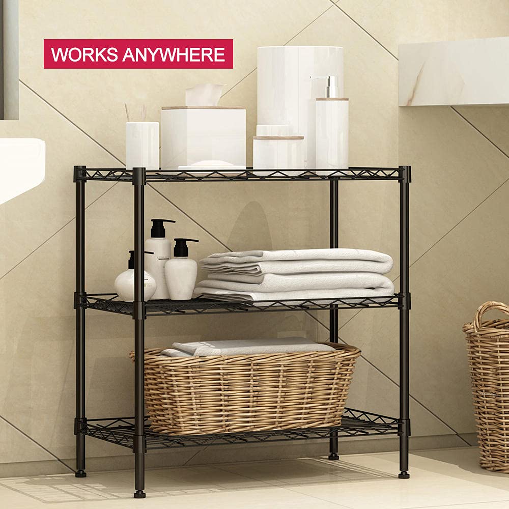 3-Tier Metal Wire Shelf Organizer - Kitchen & Bathroom Storage Rack - Carbon Steel Space-Saving Shelving Unit for Pantry, Spice, Toiletries & Home Organization - Black
