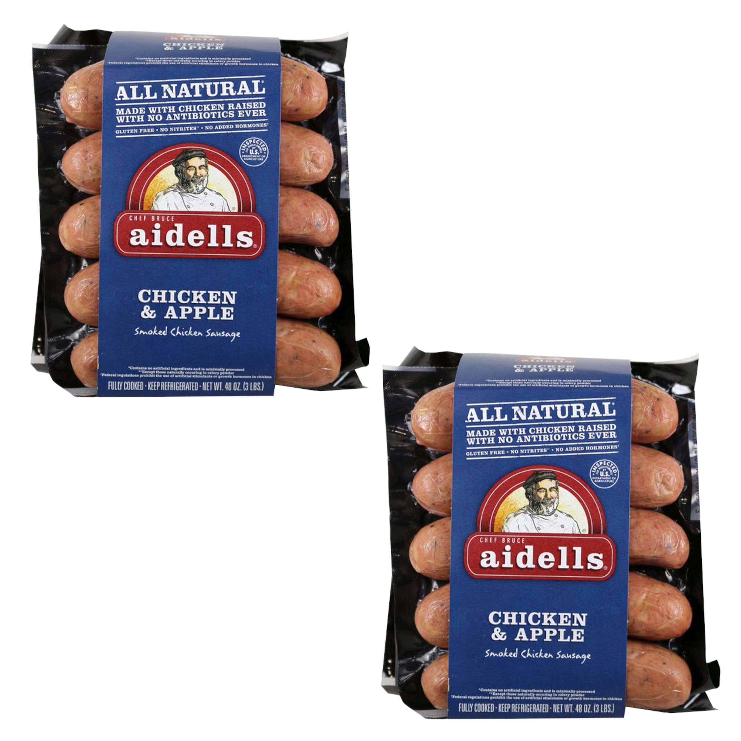 **Aidells Chicken & Apple All Natural Fully Cooked Gluten-Free Sausage – No Nitrites, No Hormones, 2-Pack (3 lbs Each, 15 Links) – Perfect for BBQ, Breakfast, and Meal Prep**