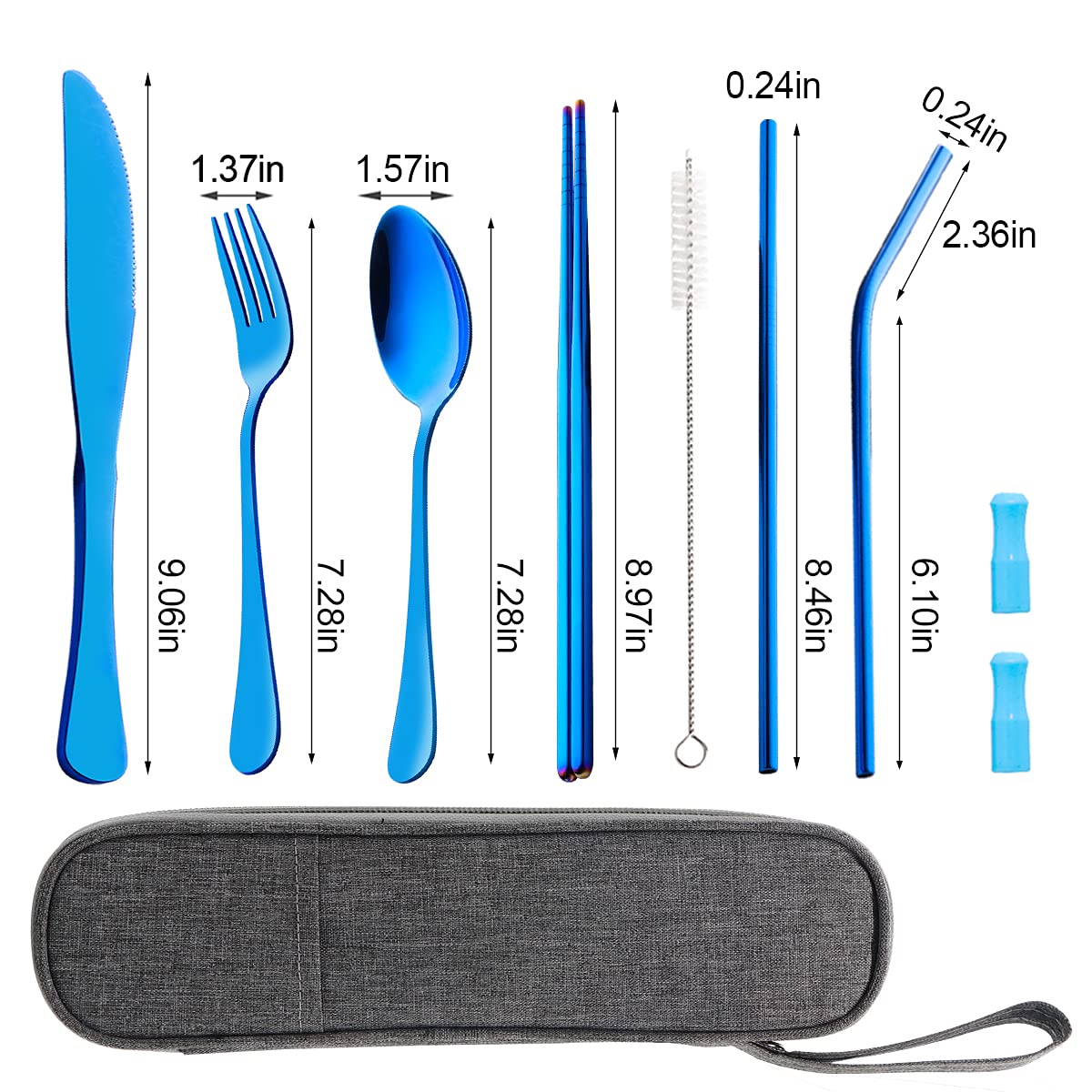 Reusable Stainless Steel Travel Utensil Set with Case - 8pc Portable Cutlery (Knife, Fork, Spoon, Chopsticks, Straws) - Blue | Eco-Friendly Dining for Camping, Picnics & Office Lunch