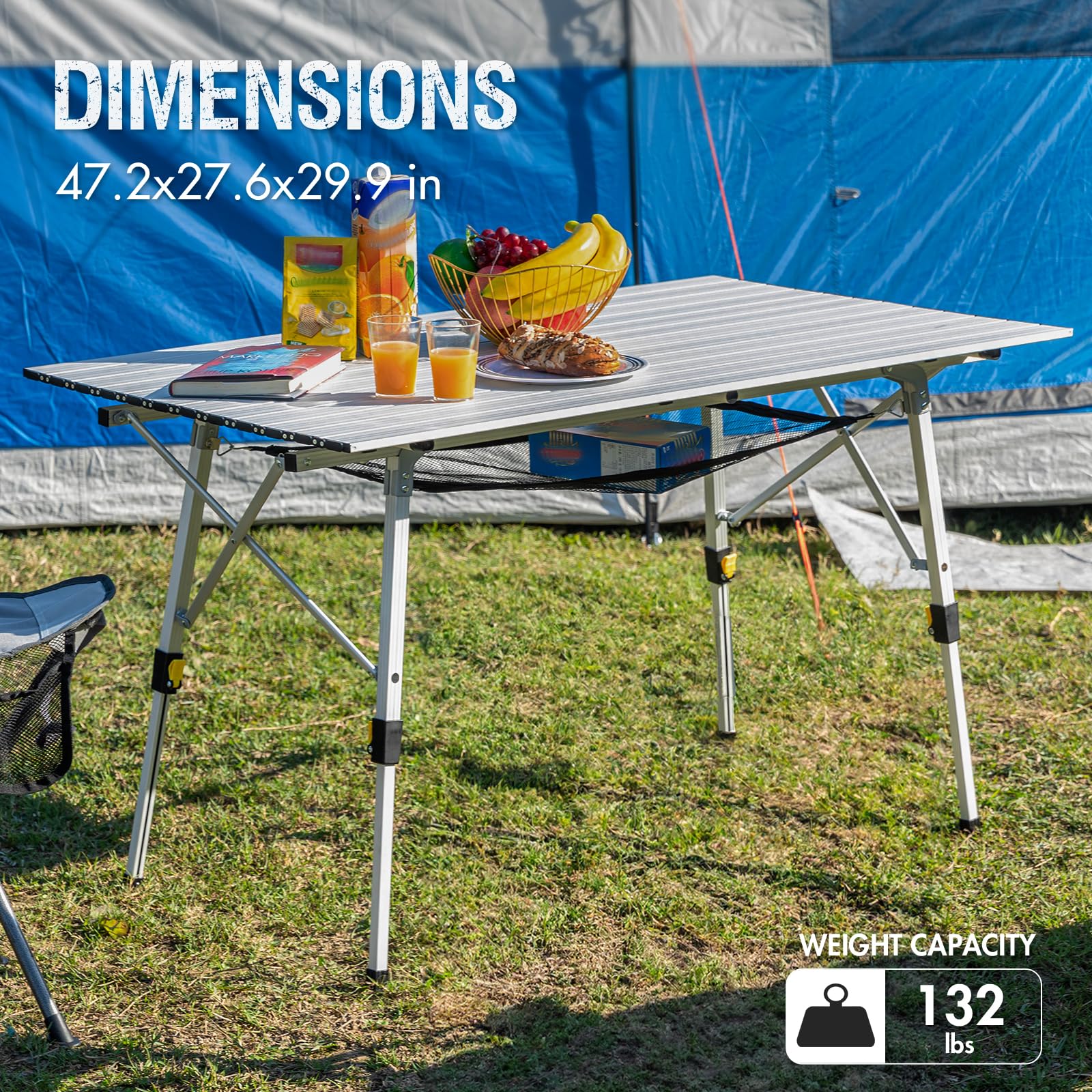 PORTAL Camping Table - Portable & Foldable Aluminum Picnic Table with Adjustable Legs & Carry Bag | Lightweight Roll Up Design for Outdoor, Beach, Backyard, BBQ, Party & Travel | Silver Large Size | Perfect for Camping Trips, Tailgating & Picnics