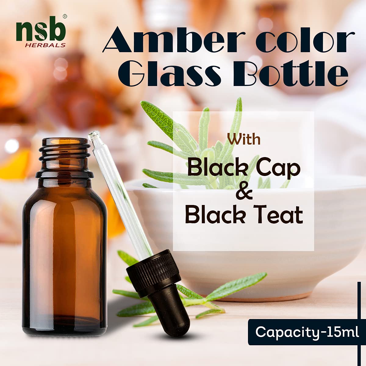 NSB Herbals 15ml Amber Round Empty Glass Bottle with Glass Dropper, Black Ring & Silicone Teat - Leak Proof, Refillable & Reusable Essential Oil Bottles for Aromatherapy, Perfume DIY, Travel (Pack of 6)