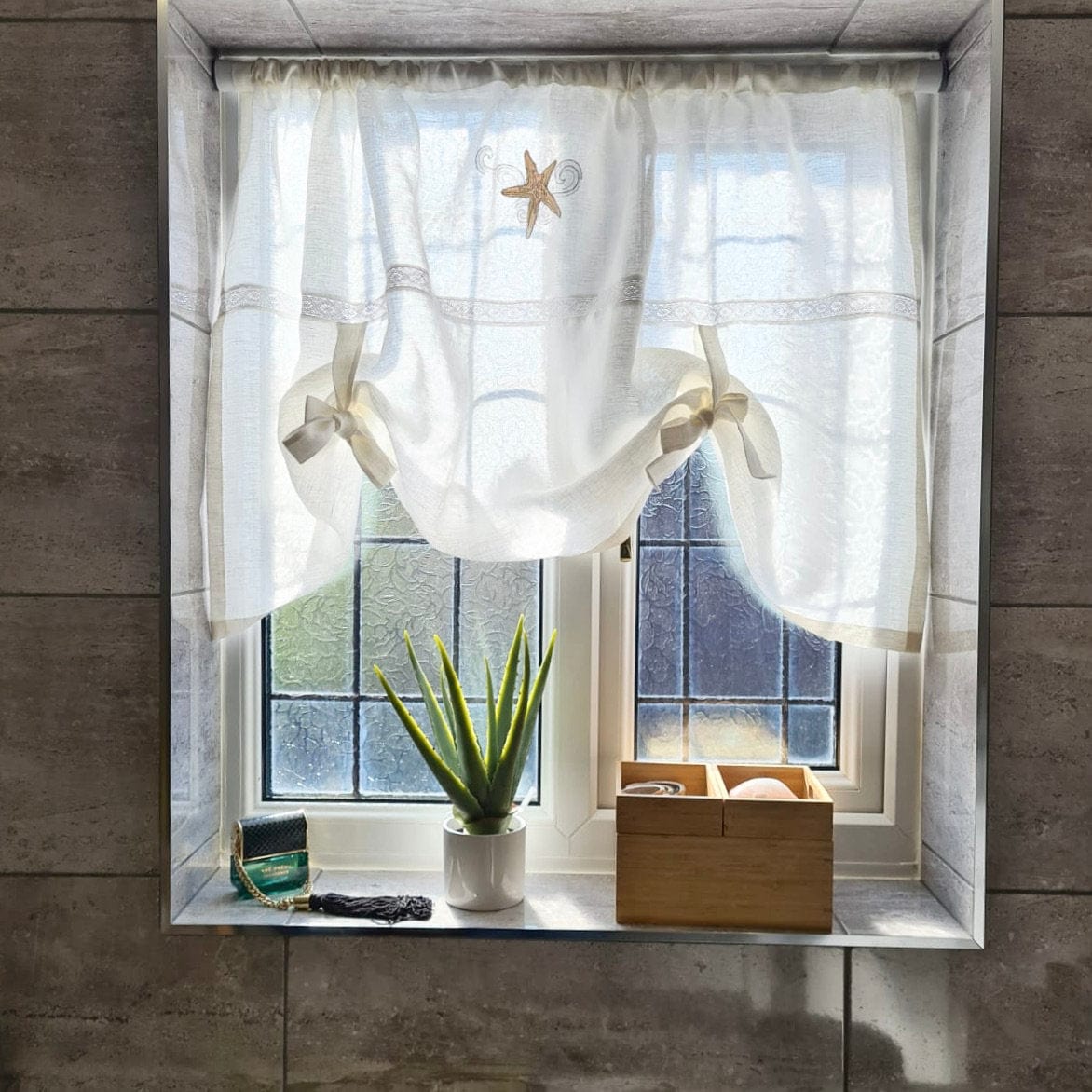 Bewsey White Tie-Up Window Curtain with Starfish Machine Embroidery - Elegant Bathroom & Bedroom Curtains for Coastal Home Decor