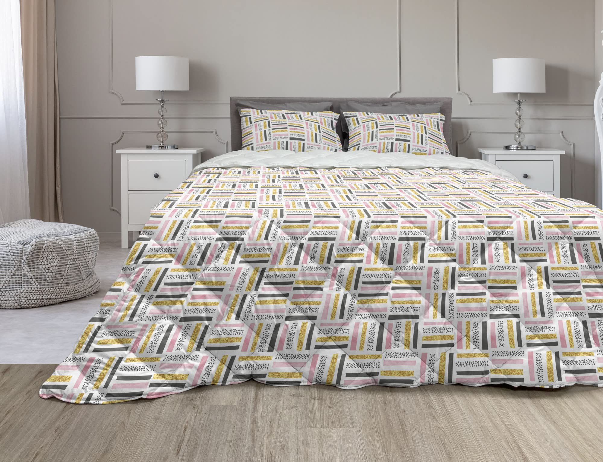Ambesonne Geometric Comforter Set | Modern Pastel Duvet Cover with Distorted Rectangle Stripes & Polka Dots | 2-Piece Microfiber Bedding Set | Twin XL Size in Blush, Dark Grey & Mustard | Perfect for Contemporary Bedrooms & Guest Rooms