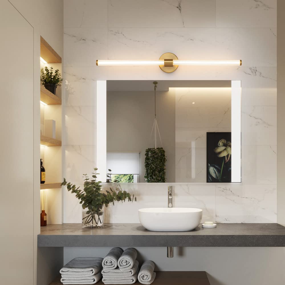 Dimmable LED Bathroom Vanity Light Fixtures - 30 Inch Gold Modern Wall Sconce, 360° Full Lighting for Mirror, Warm White Adjustable Brightness - Perfect for Bathroom, Bedroom & Living Room Vanity Makeup Area