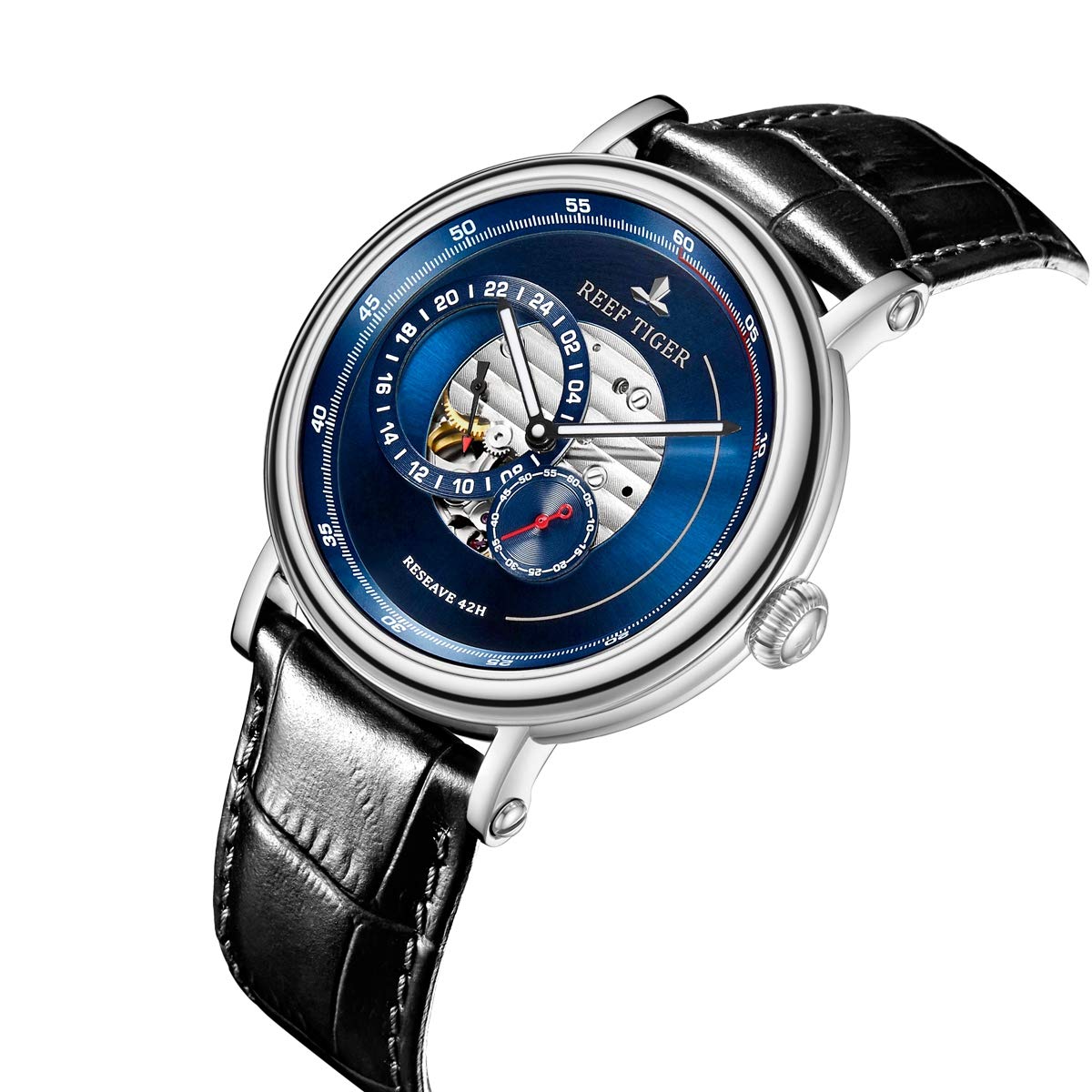 REEF TIGER Luxury Men's Automatic Watch - Blue Reserve RGA1617 with Genuine Leather Strap | Waterproof Dress Watch for Business, Formal Events & Gifts