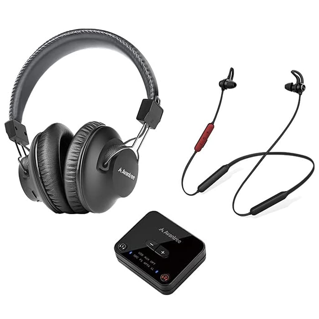 Avantree D4169 Dual Bluetooth 5.0 Wireless Headphones - Over Ear & In Ear Combo with Low Latency Transmitter for TV Watching, Neckband Design, Personalized Volume Control, Plug & Play - Perfect for Home Theater, Gaming, and Workout Sessions