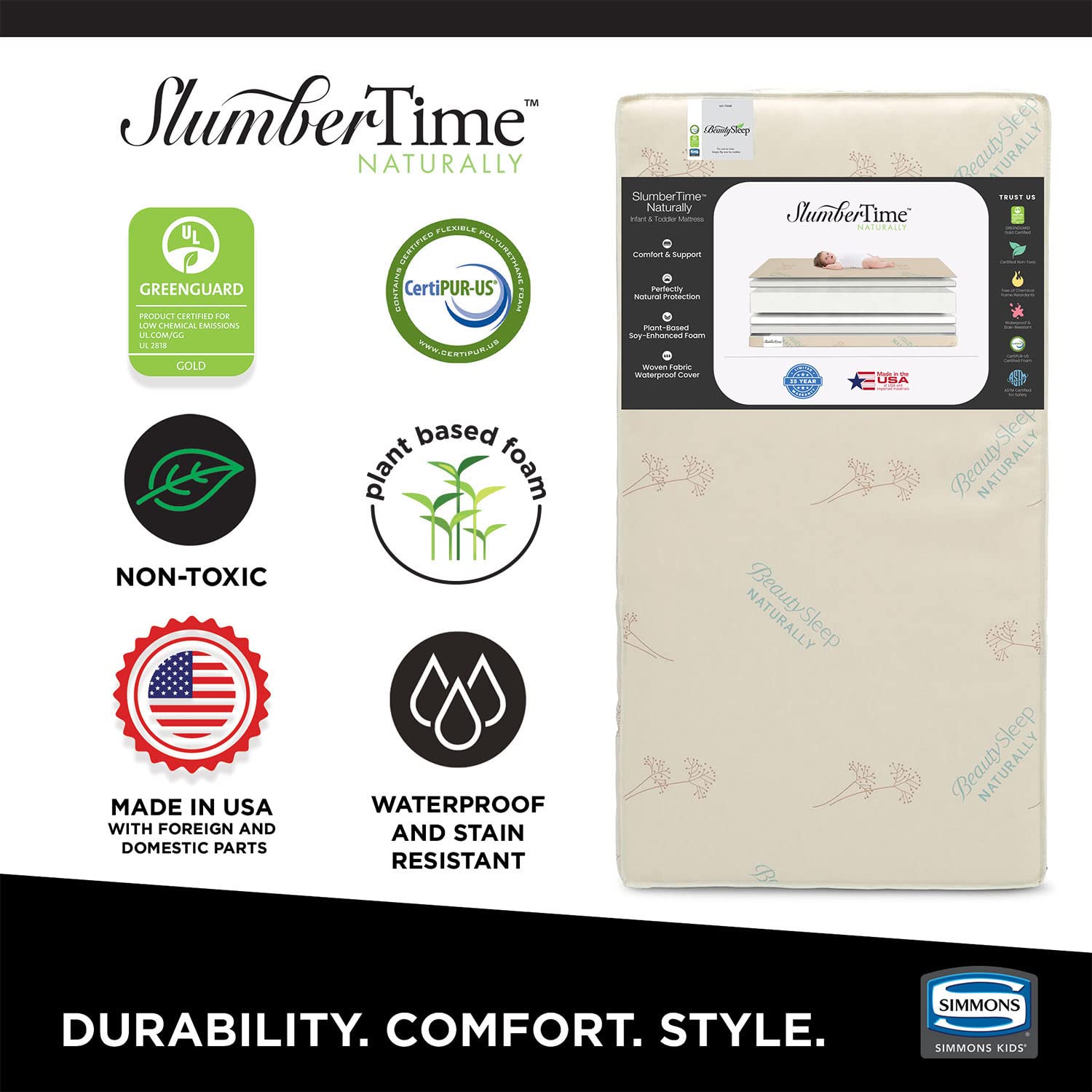 Simmons Kids SlumberTime Naturally 2-Stage Organic Soy Foam Baby Crib Mattress & Toddler Mattress - Waterproof, Hypoallergenic - GREENGUARD Gold & CertiPUR-US Certified - Medium Firm Support - Made in USA - Perfect for Nursery, Daycare & Travel Cribs